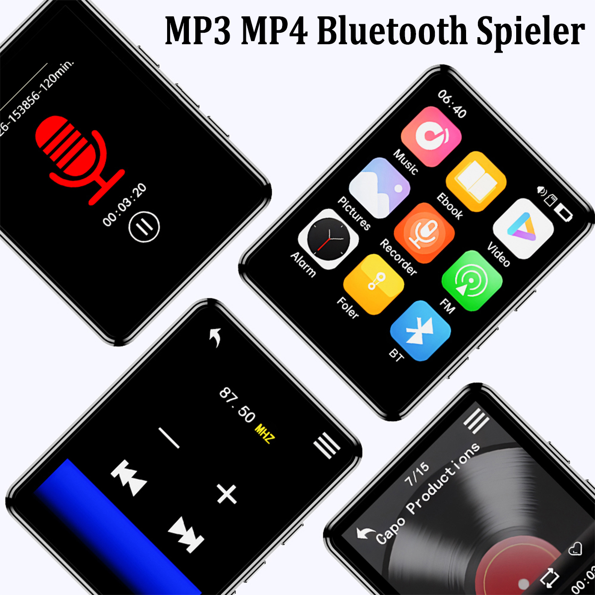 MP3/MP4-Player-Bildschirme, die Musik, Video und andere Medienoptionen anzeigen.
