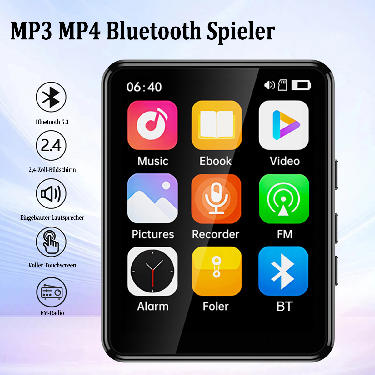 Ein schwarzer MP3/MP4-Player mit Touchscreen, der Symbole für Musik, Video und mehr anzeigt.
