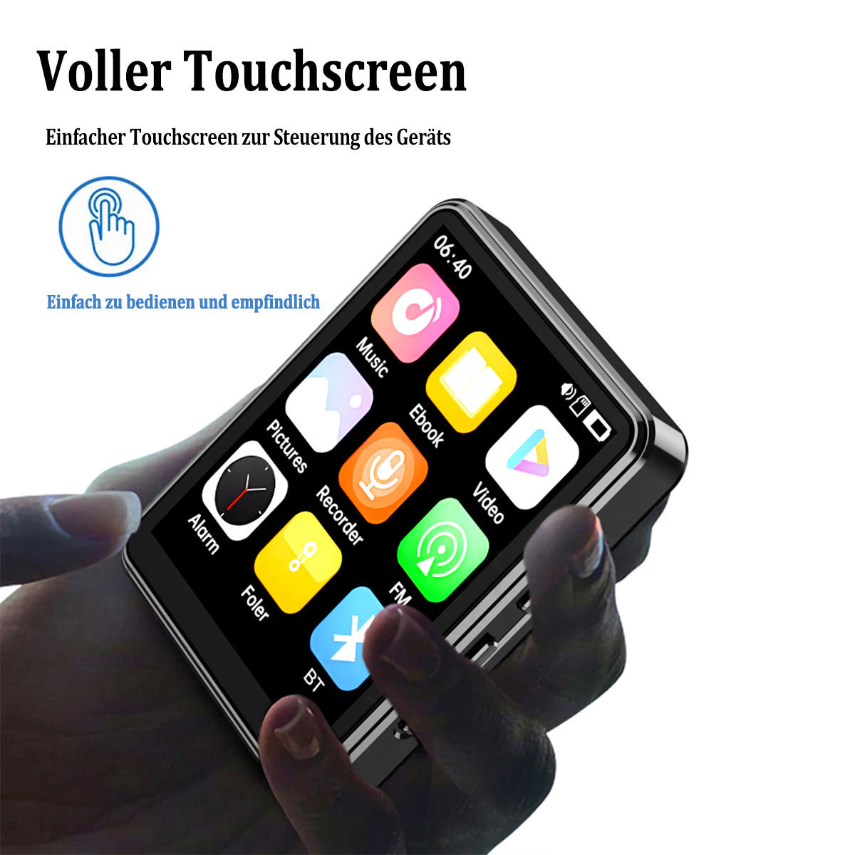 Ein tragbarer Mediaplayer mit Touchscreen-Oberfläche, der verschiedene App-Symbole zeigt, in einer Hand gehalten.