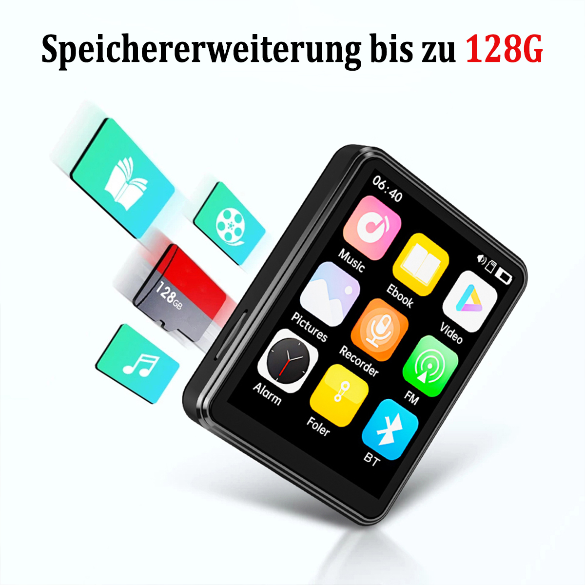 Czarny odtwarzacz MP3 z ekranem wyświetlającym ikony. Włożona czerwona karta SD. Tekst: Speichererweiterung bis zu 128G.