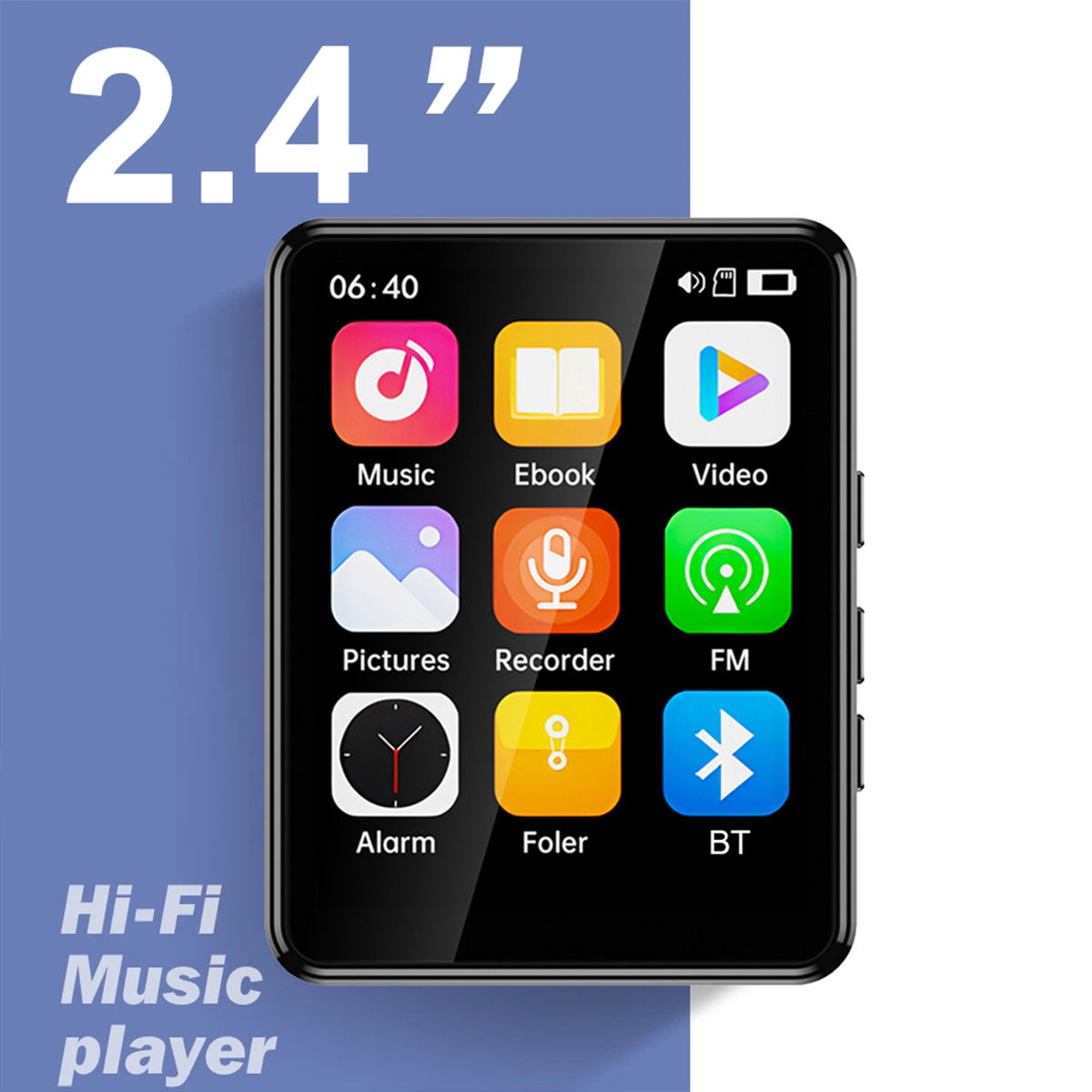 Schwarzer Hi-Fi-Musikplayer mit 2,4-Zoll-Bildschirm, der Symbole und Zeit anzeigt.