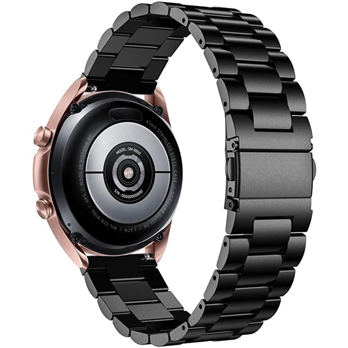 Smartwatch auf der Seite, mit schwarzem Armband und pinkfarbenem Gehäuse.