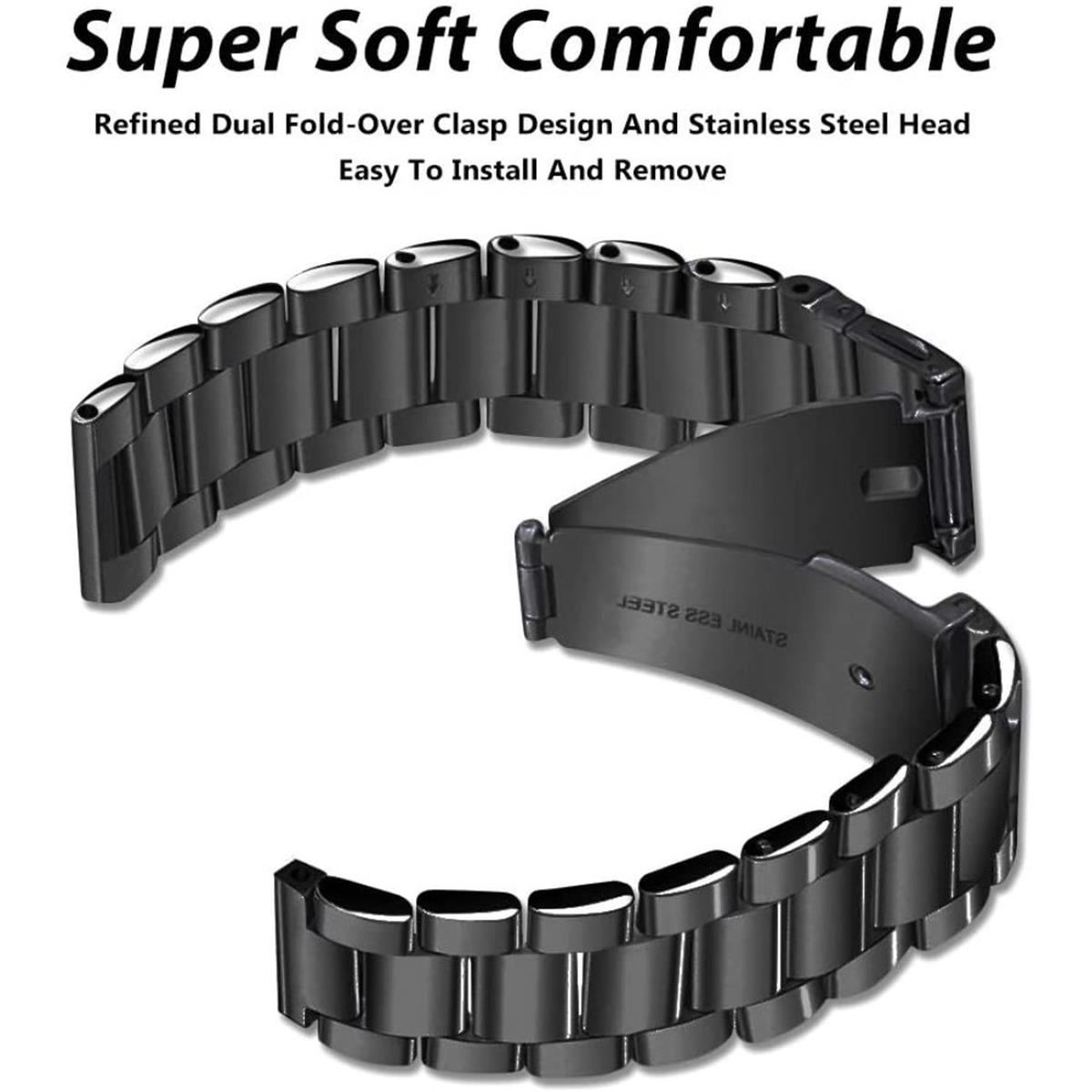 Schwarze Uhrenarmbandglieder, glänzend, mit Text: Refined Dual Fold-Over Clasp Design.