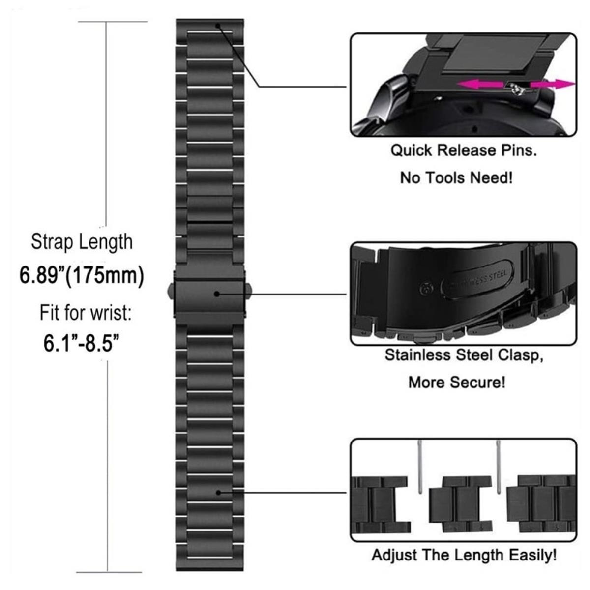 Schwarzes Uhrenarmband mit Details von Schnellverschlussstiften, Edelstahlverschluss und Längenanpassung.