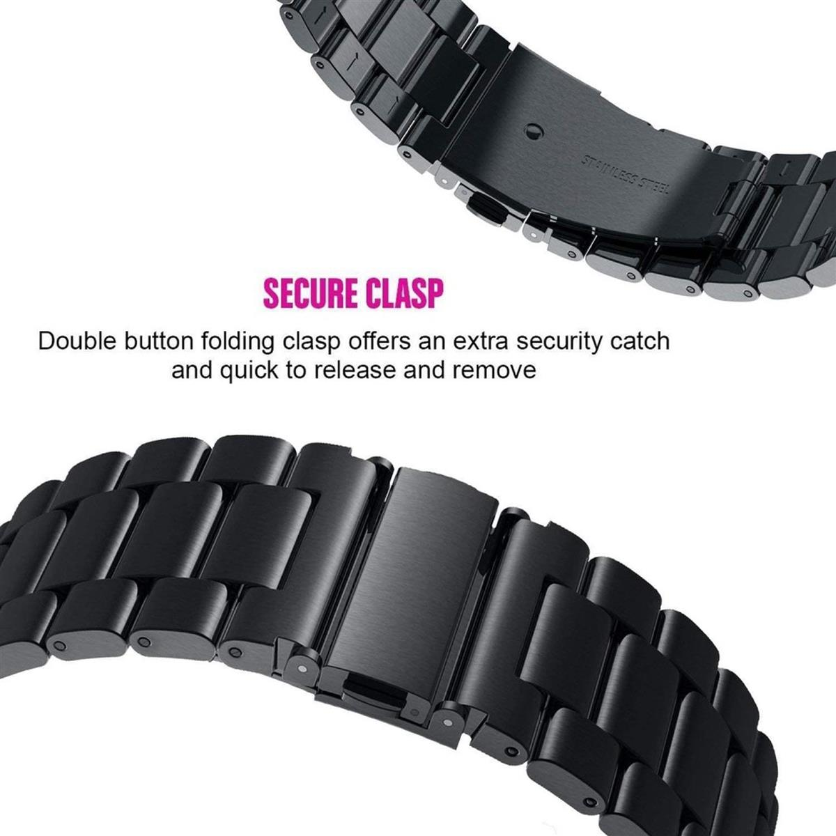 Schwarzes Uhrenarmband mit Beschreibung des sicheren Verschlusses. Der Verschluss ist eine doppelte Knopffaltung.