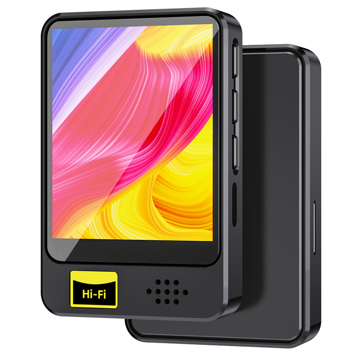 Czarny odtwarzacz audio cyfrowego Hi-Fi z kolorowym wyświetlaczem. Żółta naklejka Hi-Fi na dole.