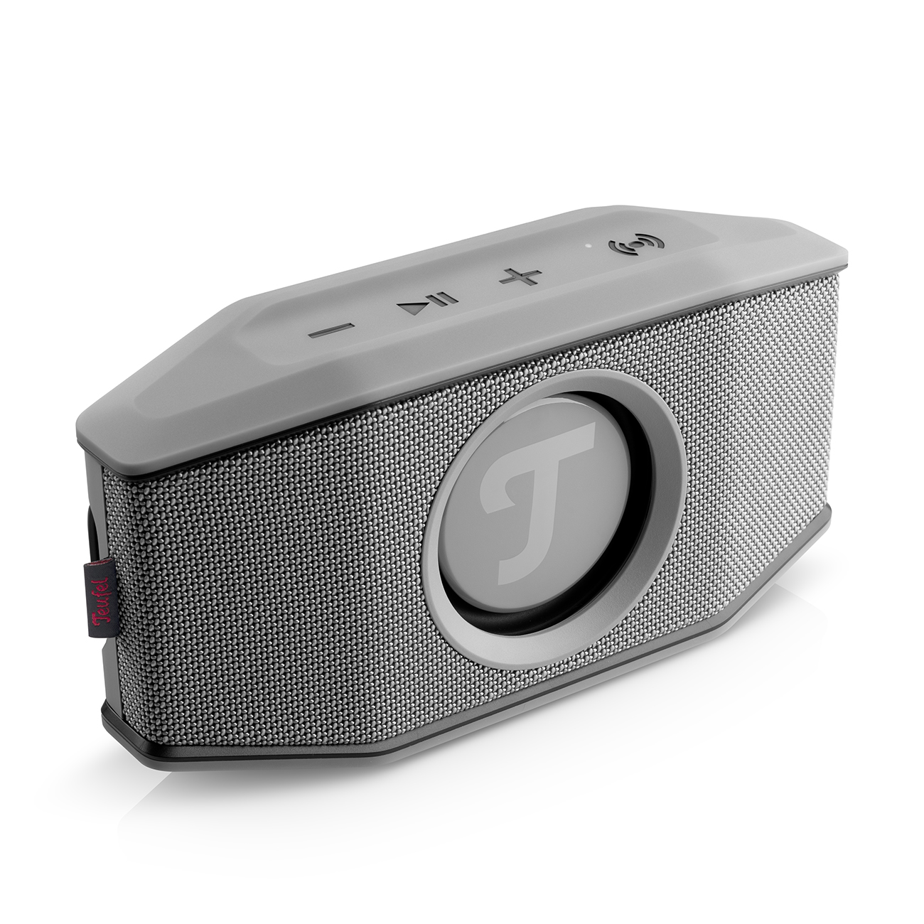 Gray and black speaker with a control panel on top and a logo on the side.
