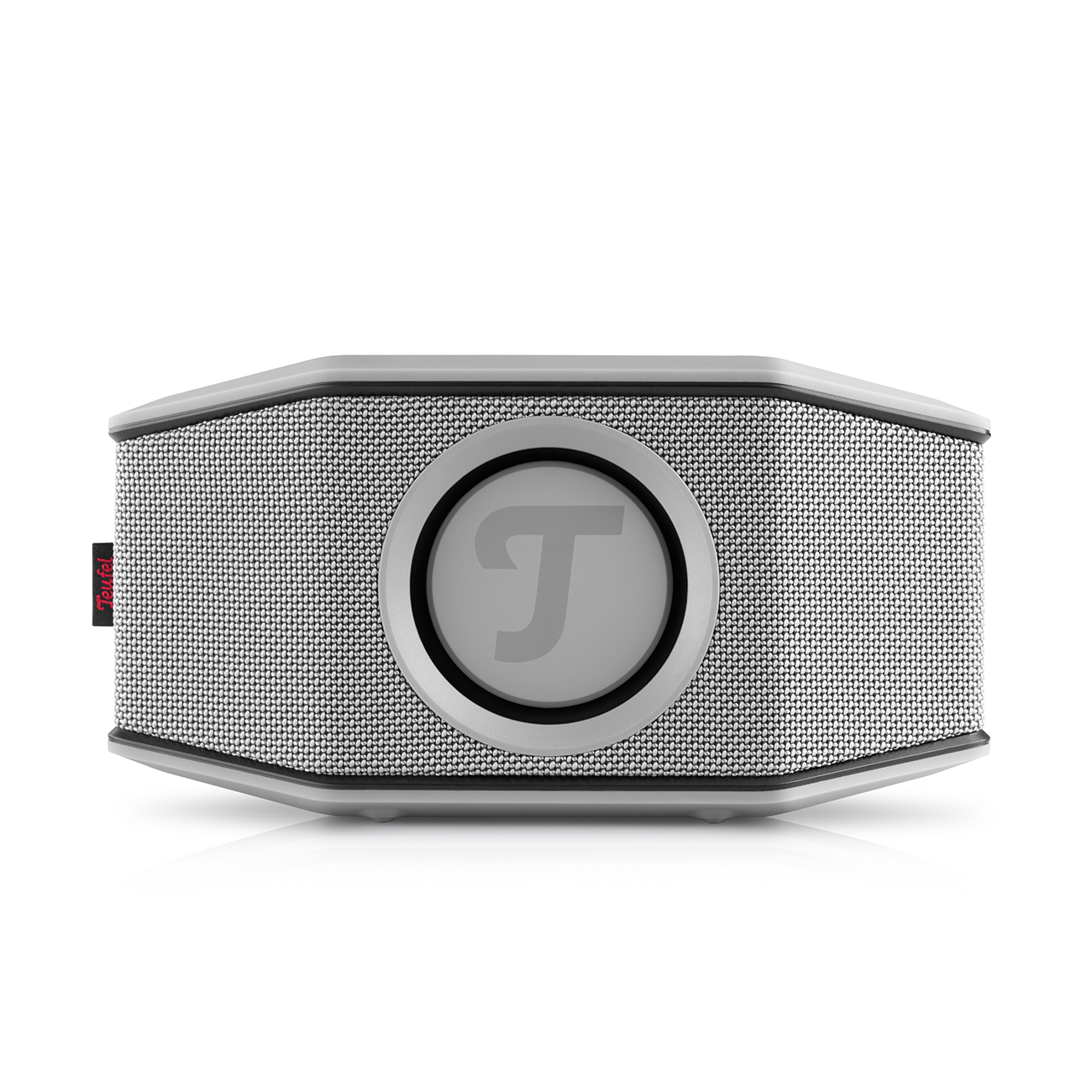 A black and white speaker with a circular design, on a white background.