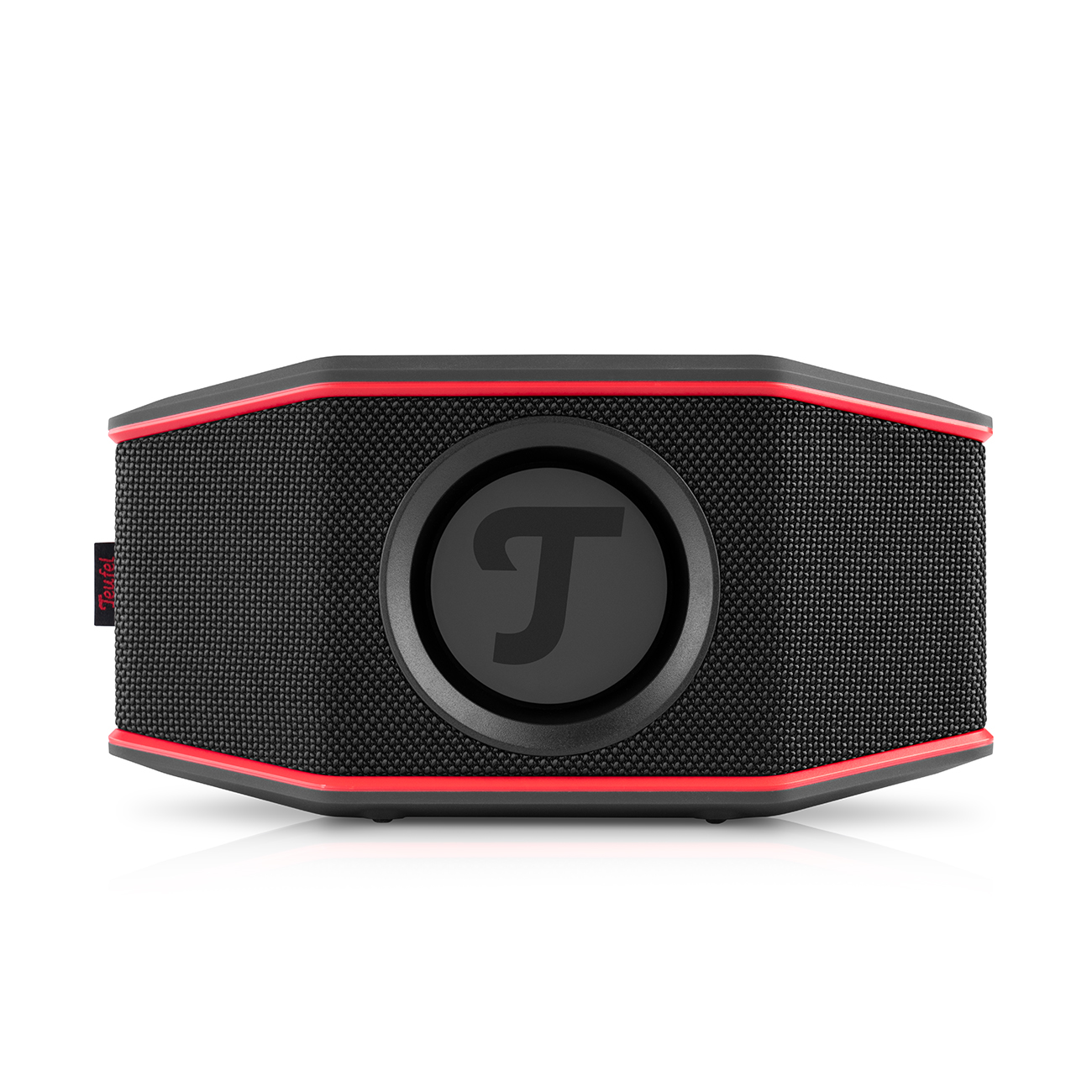 Zwarte speaker met rode accenten en het Teufel logo op een witte achtergrond.
