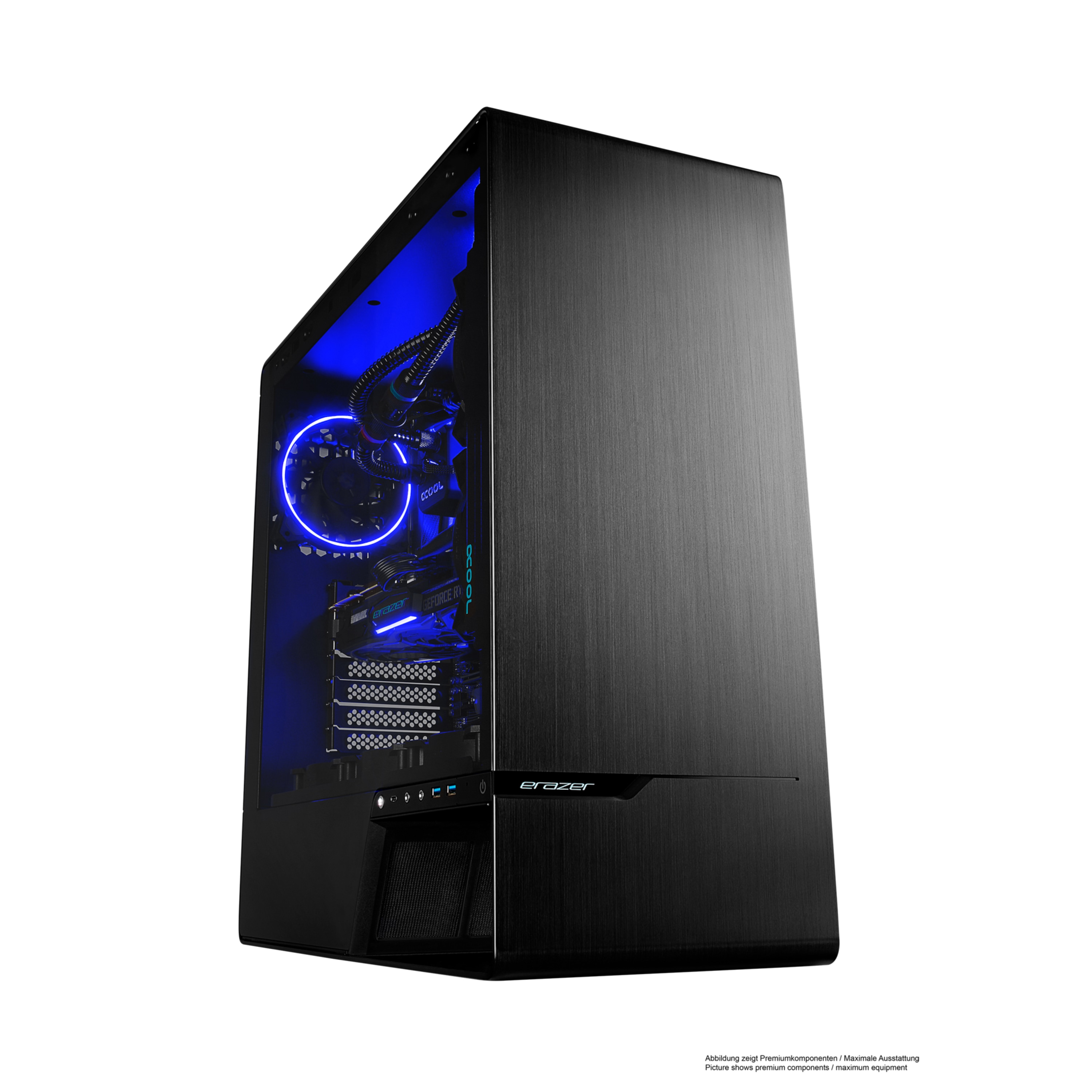 Case nero per computer con luci interne blu. Il pannello laterale è in vetro.