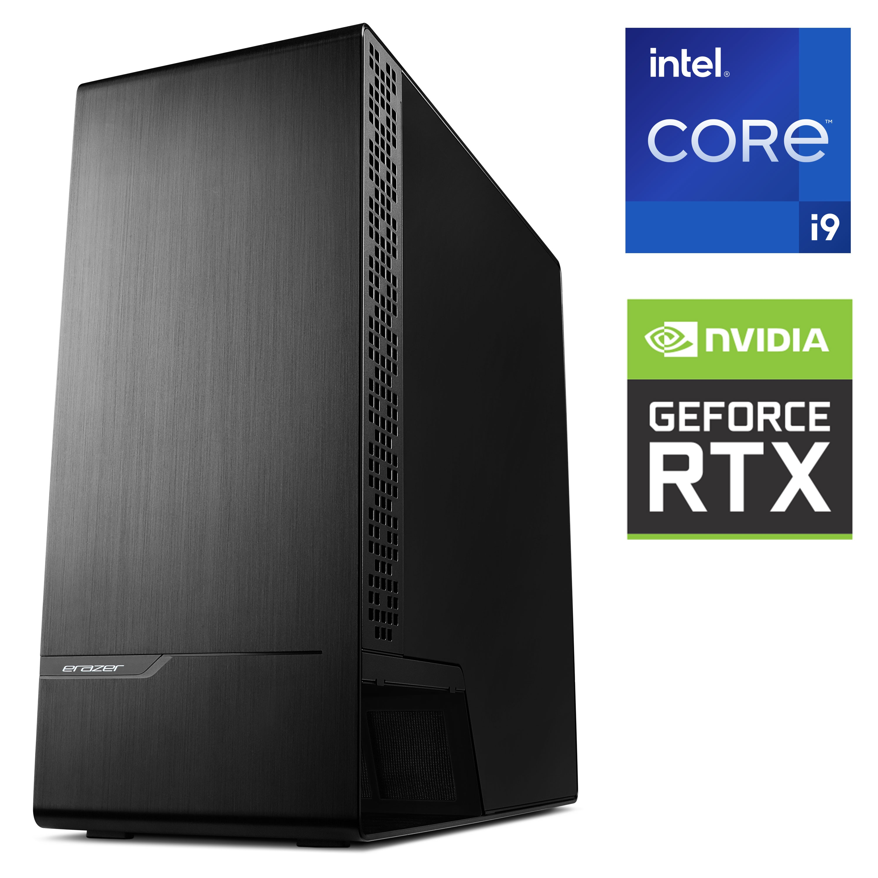 Un case per computer nero con loghi Intel Core i9 e Nvidia GeForce RTX sul lato.