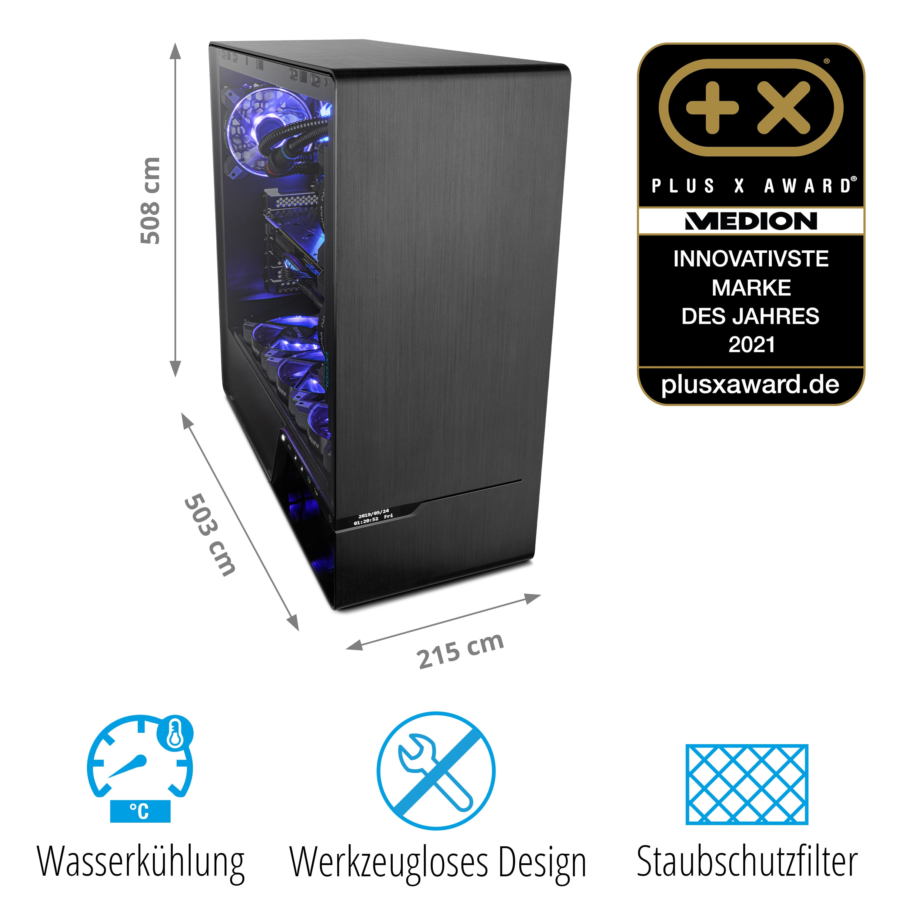 Case nero per computer con dimensioni e premi, con luci interne e ventola blu.