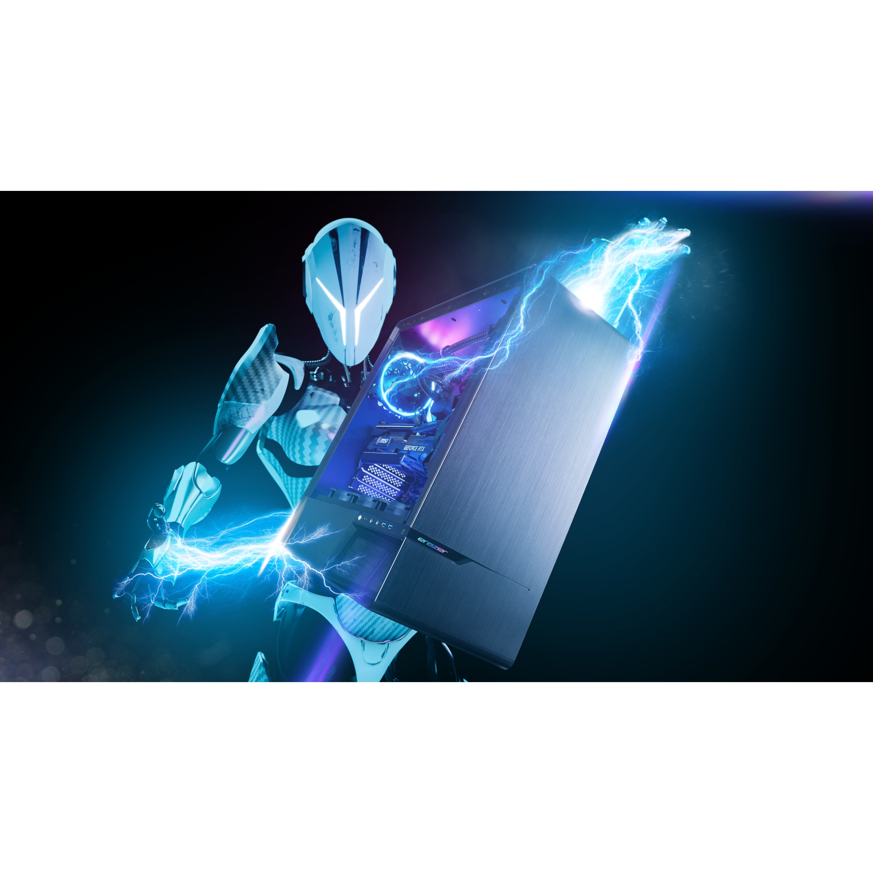 Un cyborg futuristico con un case per PC. Fulmini intorno al PC.