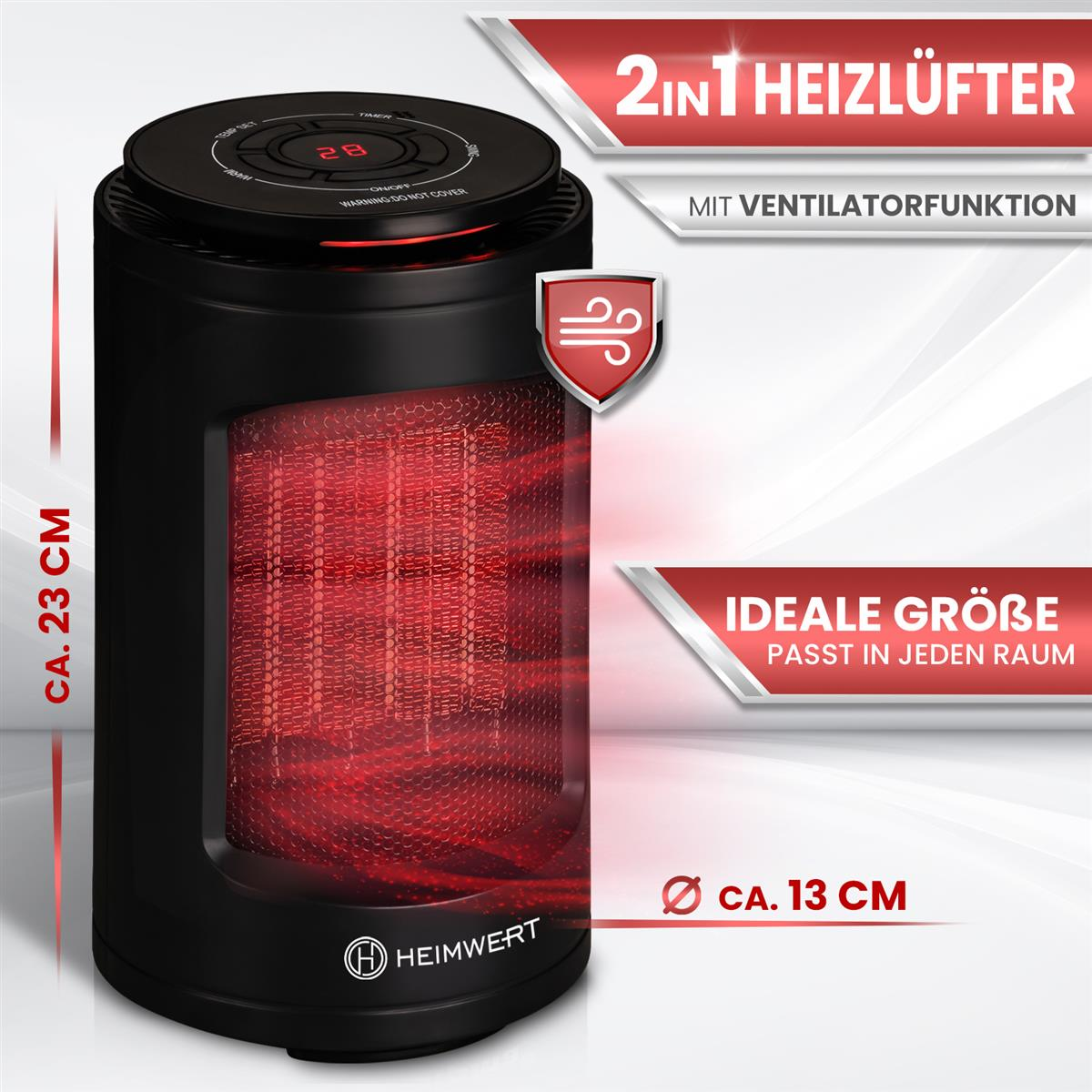 Ein schwarzes 2-in-1-Heizgerät mit Lüfterfunktion. Es hat rote Heizelemente und ein Bedienfeld.