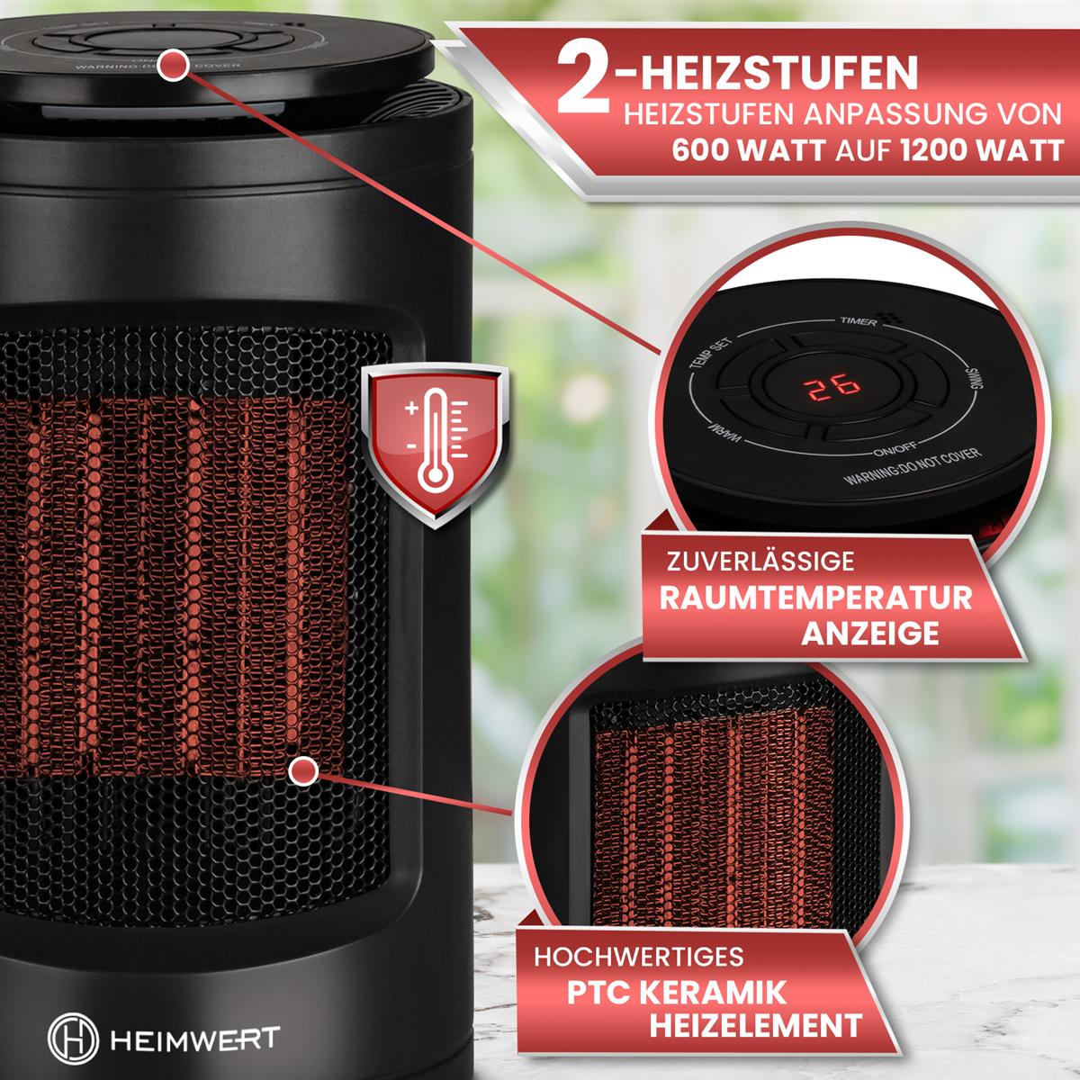 Schwarzer Heizlüfter mit roten Heizelementen und Digitalanzeige. Der Heizlüfter hat einen Warnhinweis.