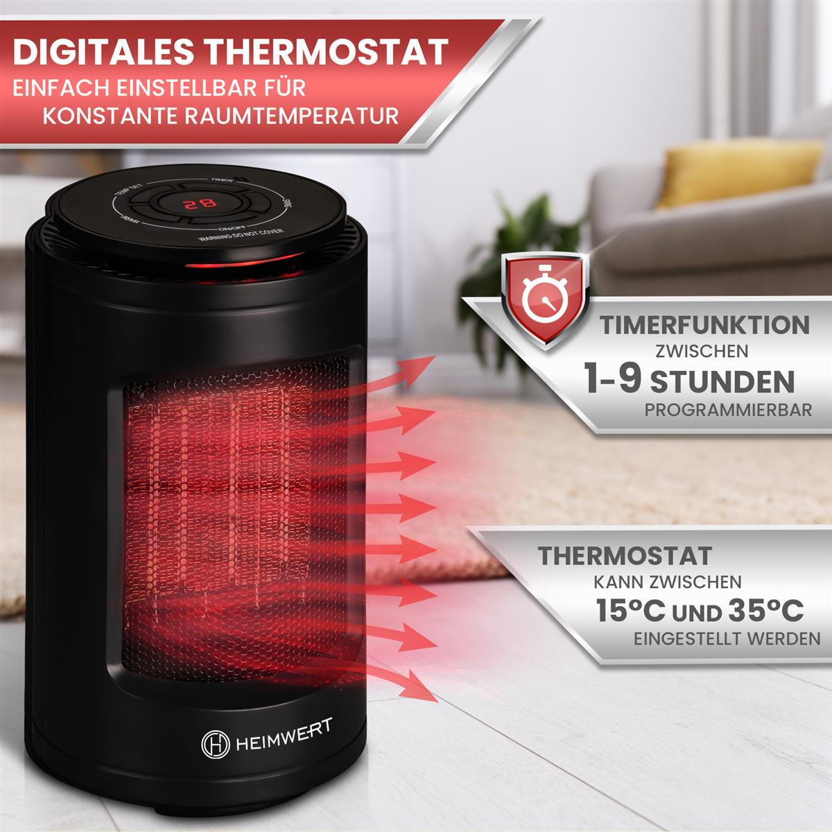 Schwarzer Elektroheizer mit rotem Heizelement. Text enthält Thermostat und Timer.