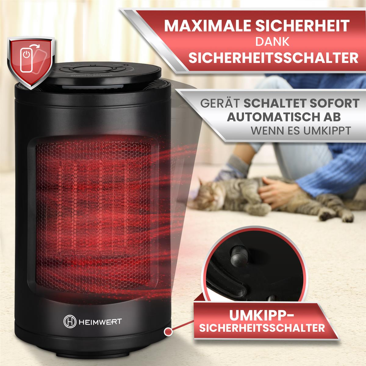 Schwarzer Heizlüfter mit Sicherheitsmerkmalen, Katze und Text.