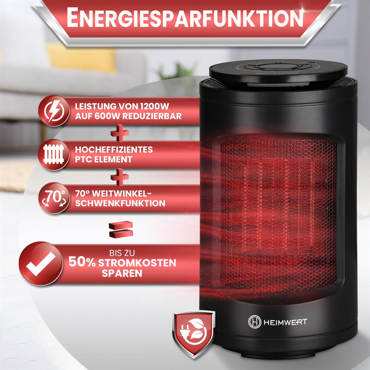 Schwarzer und roter tragbarer Heizlüfter mit Energiesparfunktionen.