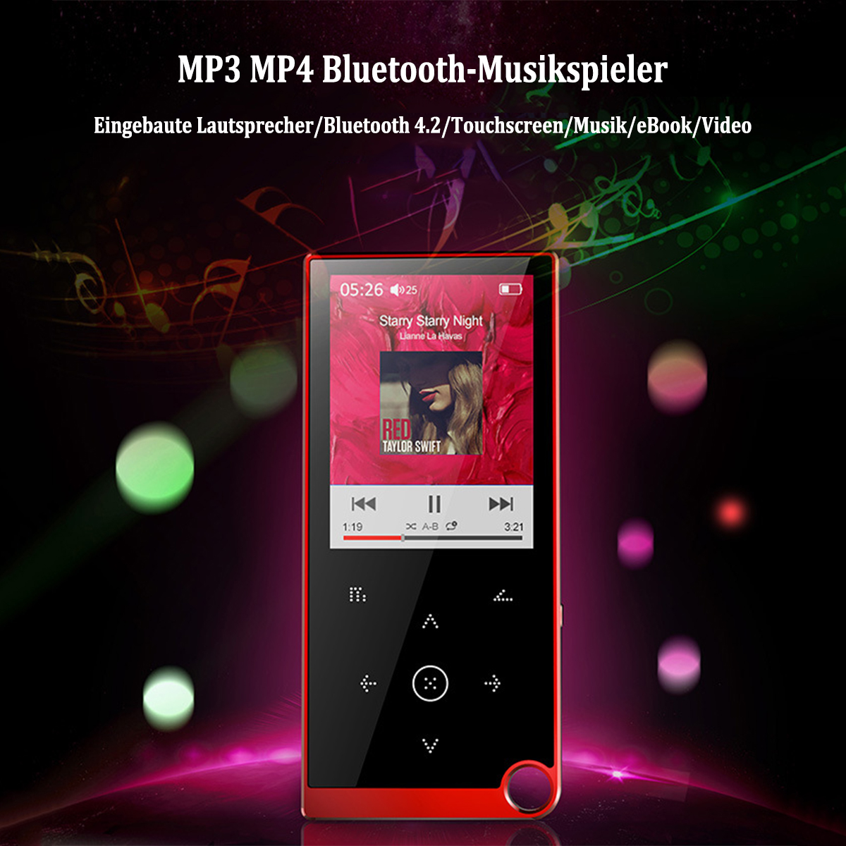 Czerwony odtwarzacz MP3 z ekranem wyświetlającym listę odtwarzania muzyki, z kolorowym tłem.