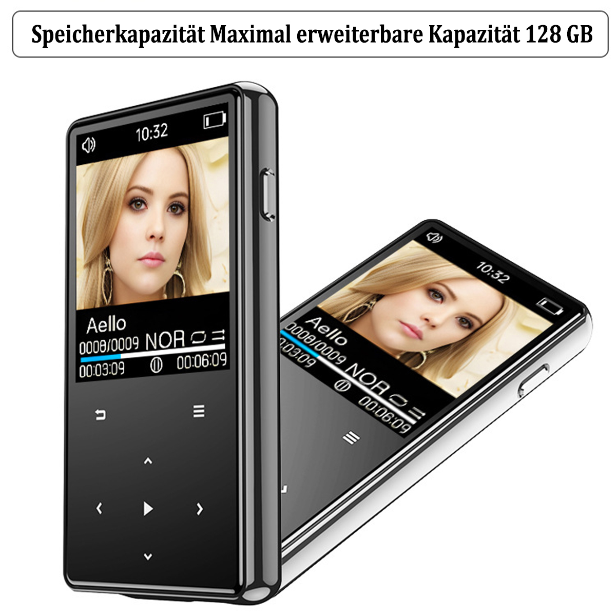 Dwa czarne odtwarzacze MP3 z twarzą kobiety na ekranie. Tekst: Maksymalna rozszerzalna pojemność 128 GB.