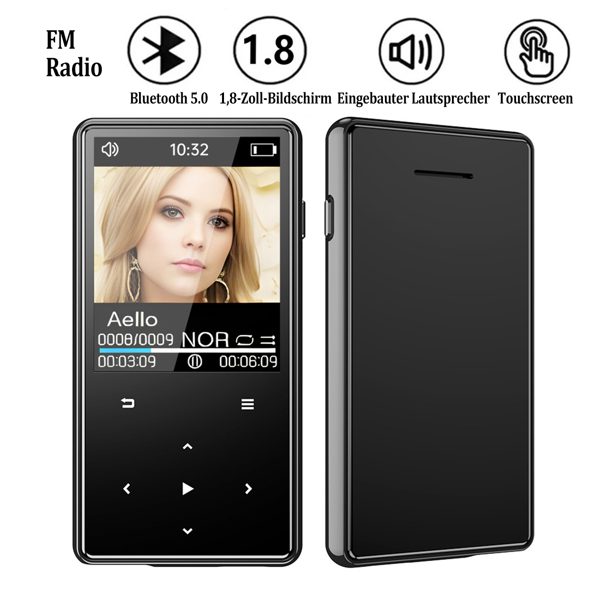 Czarny odtwarzacz MP3 z ekranem pokazującym twarz kobiety. Widoczne ikony radia FM i Bluetooth.