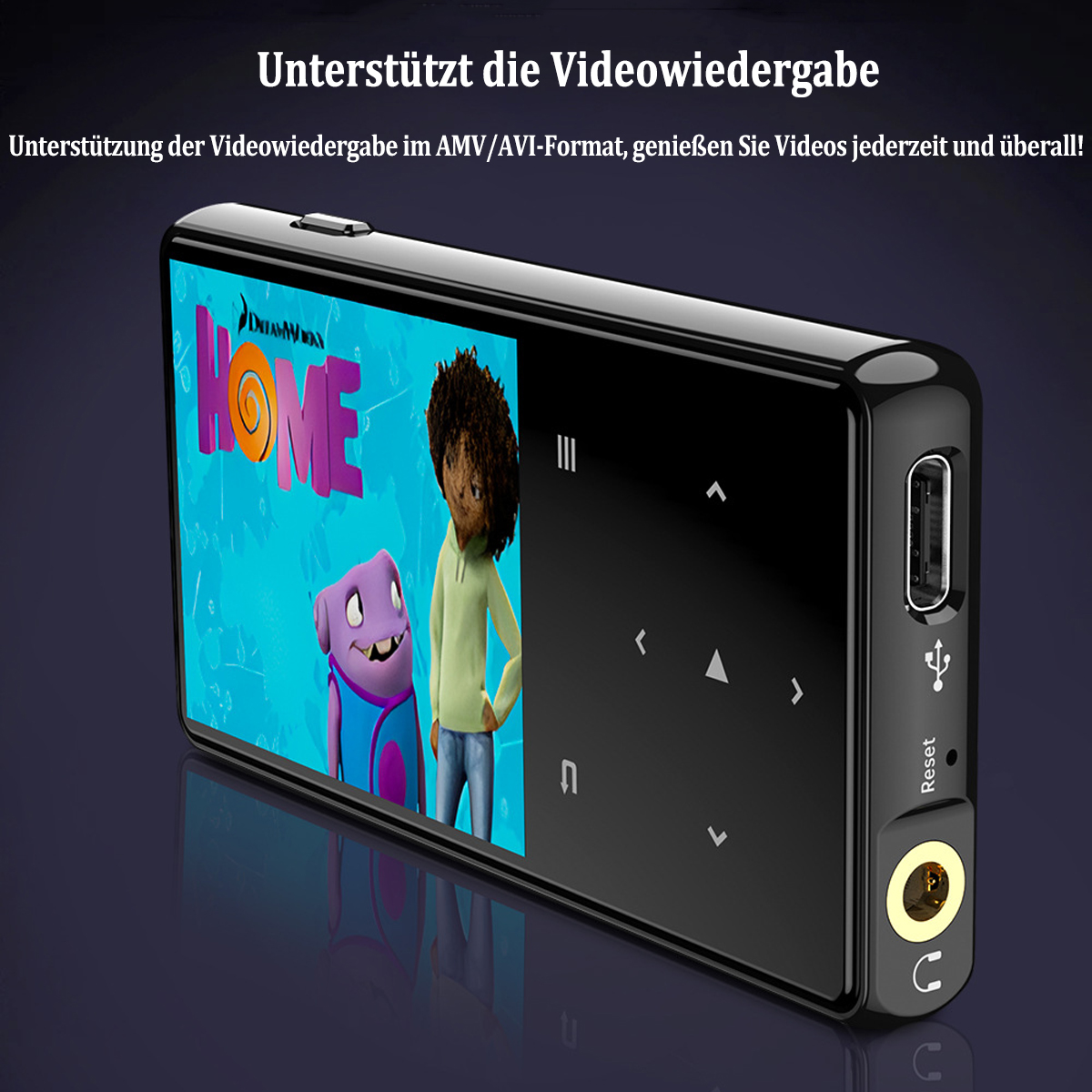 Czarny odtwarzacz MP3 z ekranem wyświetlającym film. Tło to gradient.