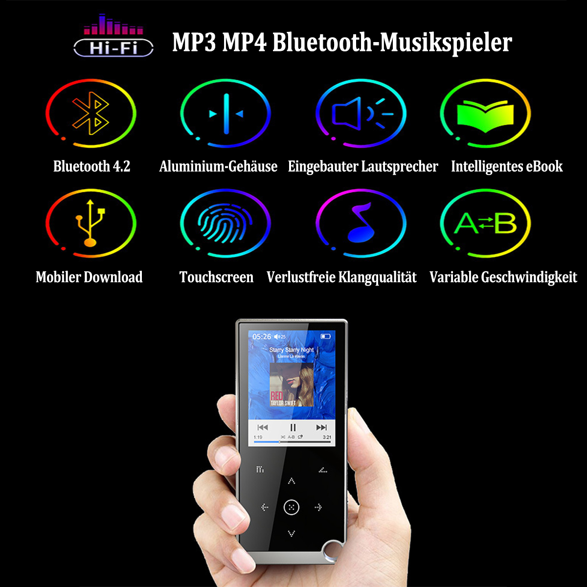 Dłoń trzyma przenośny odtwarzacz MP3 z ikonami i ekranem.