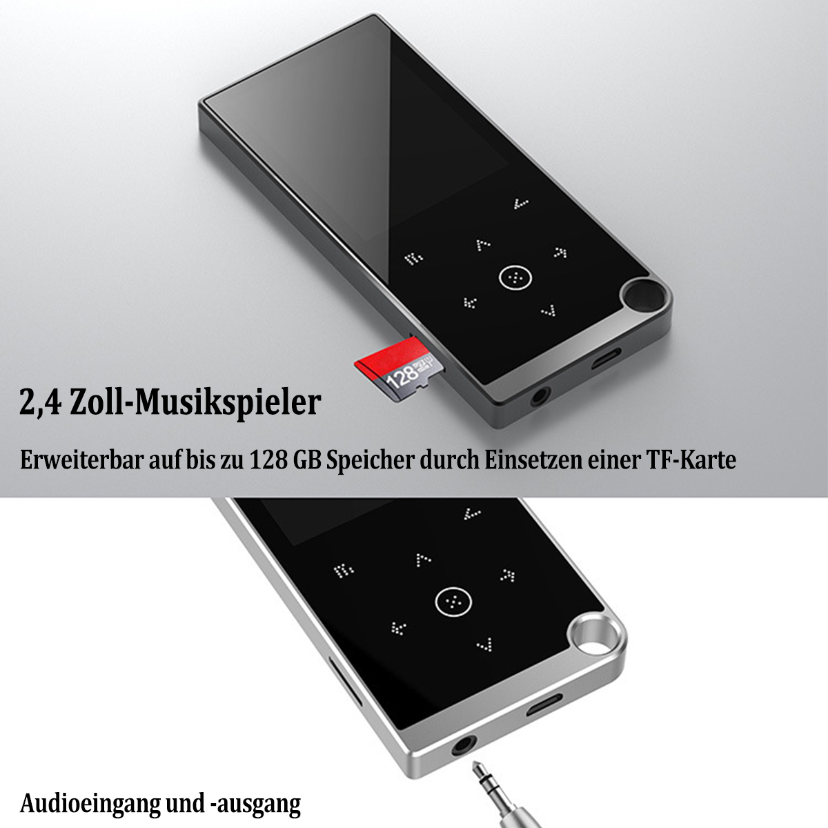 Czarny odtwarzacz MP3 z dotykowymi elementami sterującymi i czerwoną kartą SD. Tekst: 2,4 Zoll-Musikspieler. Rozszerzalny do 128 GB.