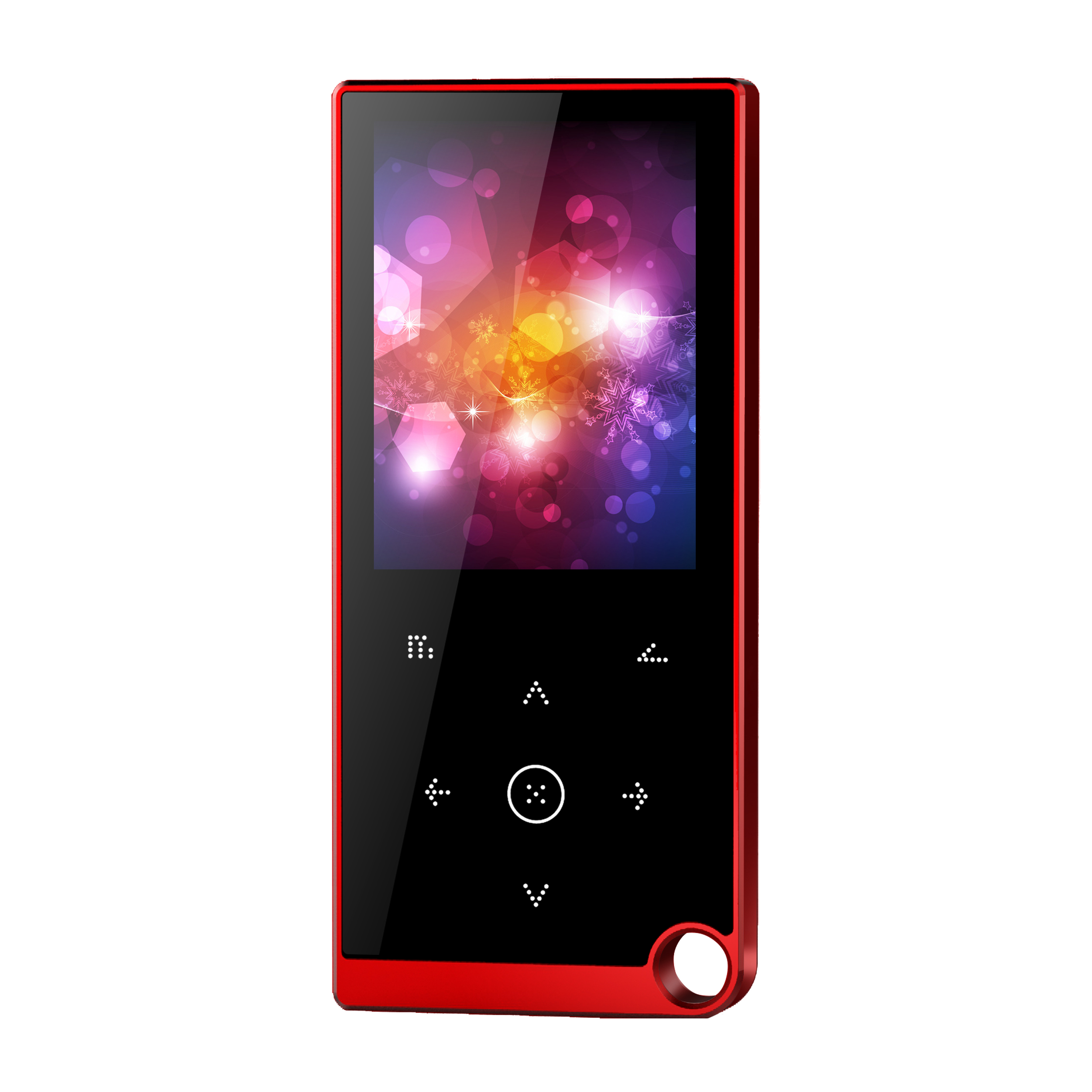 Czerwony odtwarzacz MP3. Czerwony odtwarzacz MP3 z kolorowym interfejsem w motywie płatków śniegu.