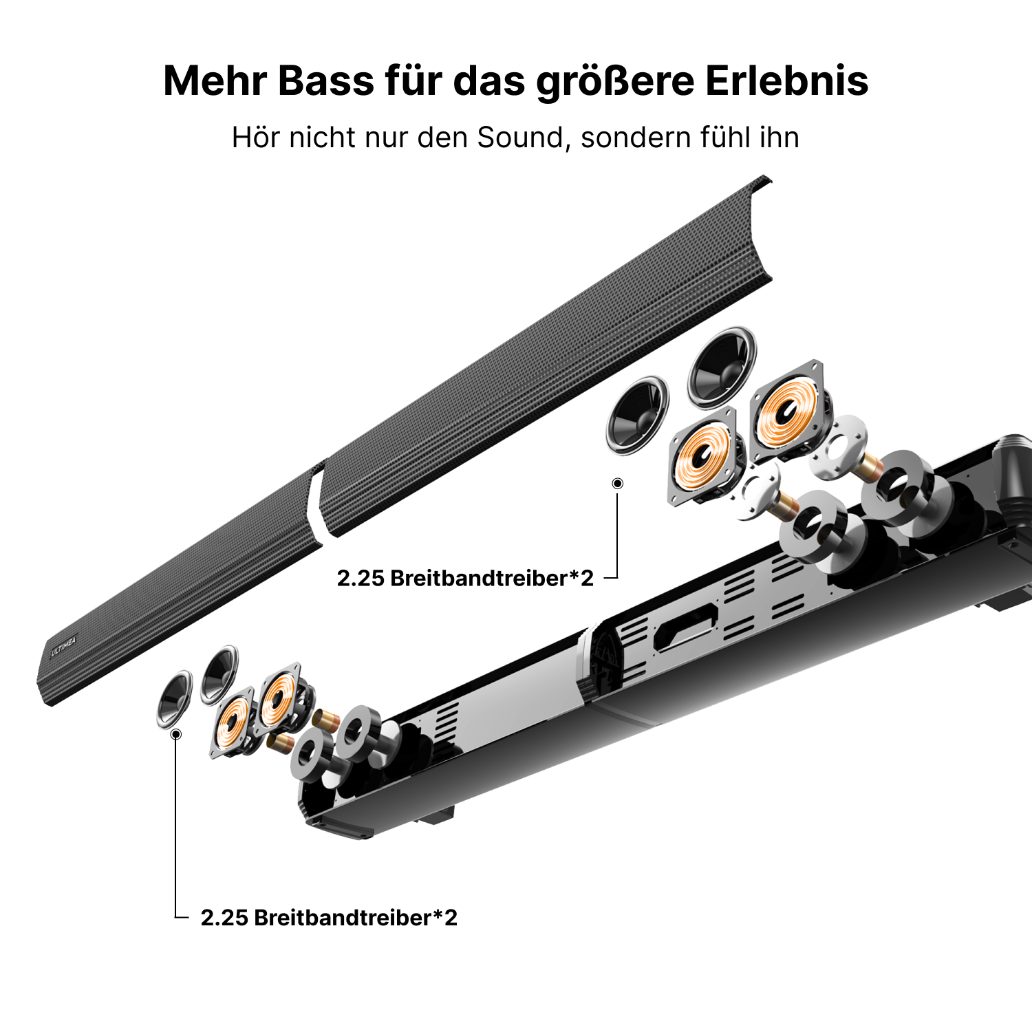 Explosionsansicht einer schwarzen Soundbar mit Lautsprechern und Komponenten.