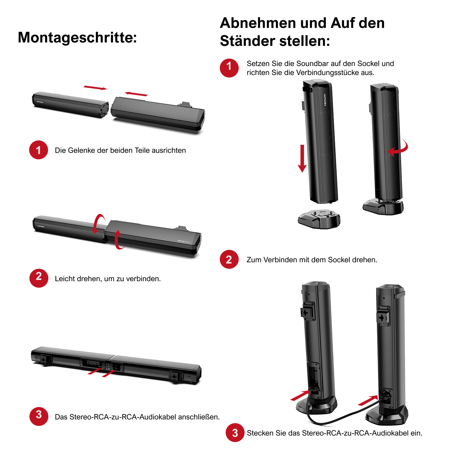 Diagramm mit Montageschritten für eine Soundbar und Lautsprecher, mit Beschriftungen.