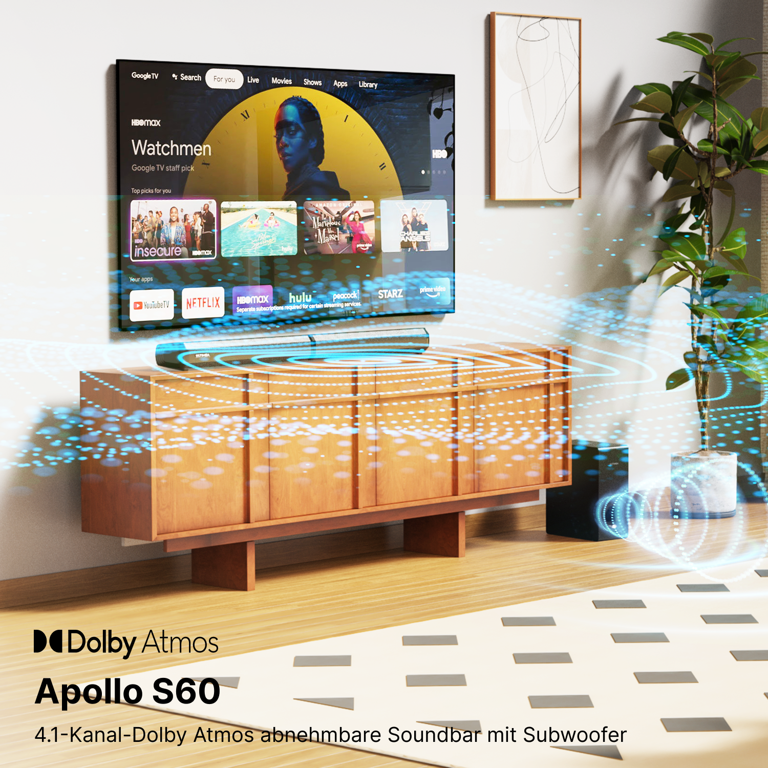 Wohnzimmer mit Fernseher auf Holzschrank, Soundbar darunter und Pflanze.