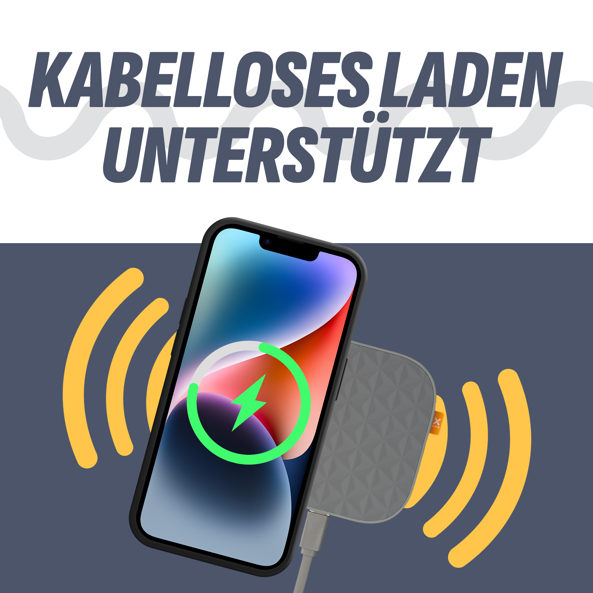Ein Telefon auf einem Ladepad mit einem grünen Blitz auf dem Bildschirm, der kabelloses Laden anzeigt.