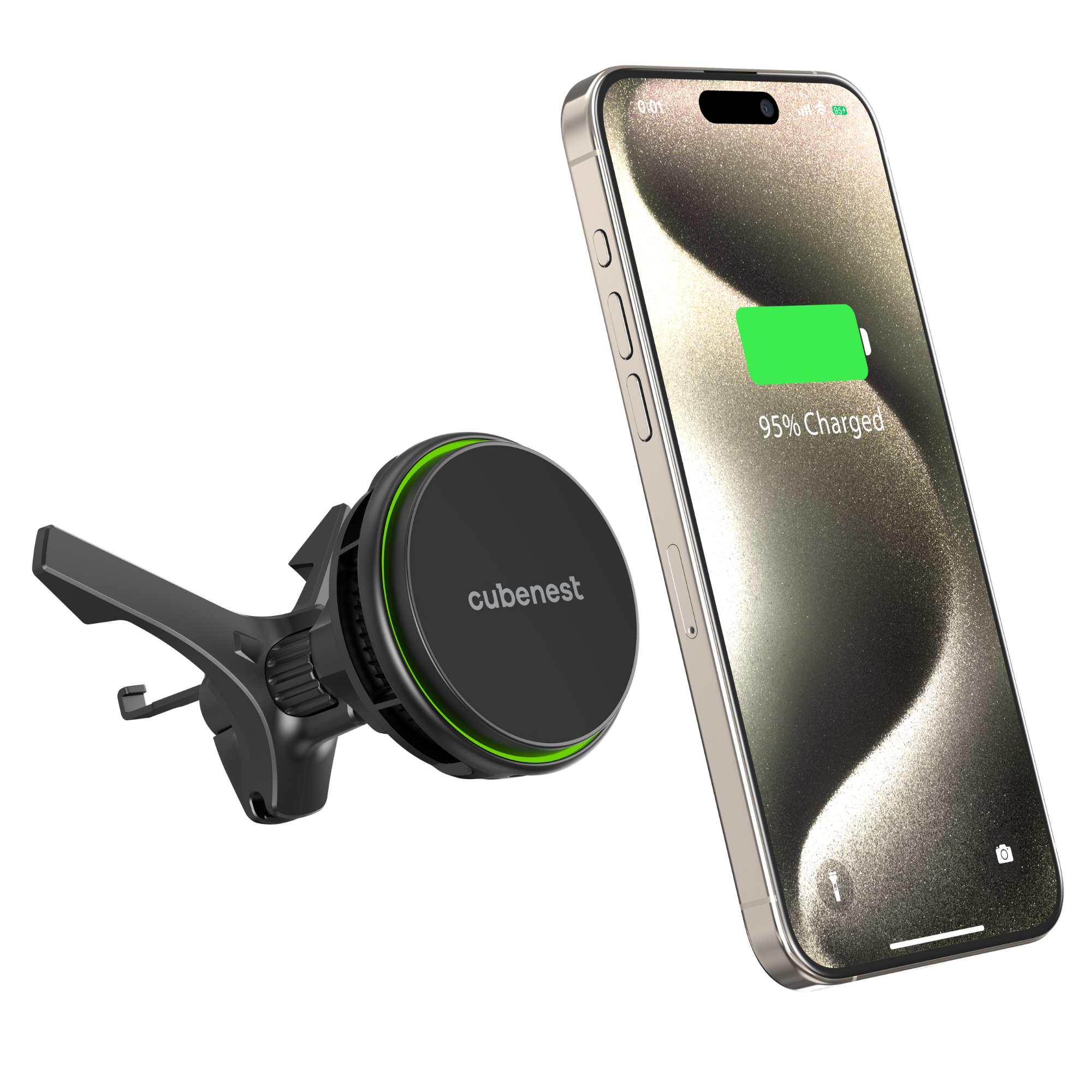 Ein Telefon, das an einer Autohalterung geladen wird. Die Halterung ist schwarz mit einem grünen Licht, und das Telefon zeigt 95 % geladen an.