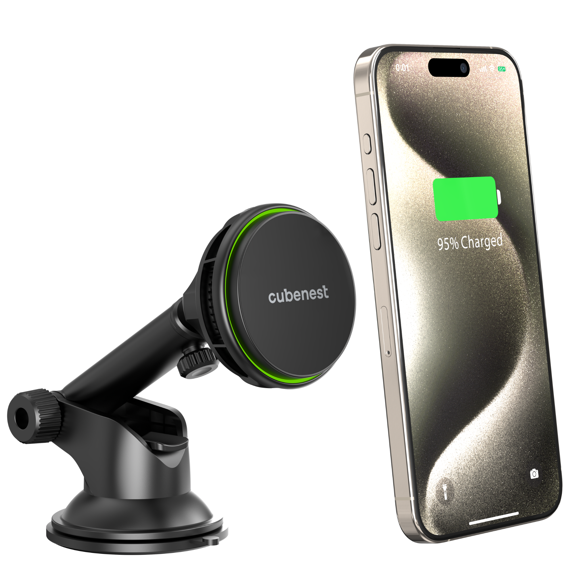 Ein Telefon, das drahtlos geladen wird, neben einer schwarzen Telefonhalterung, beides auf weißer Oberfläche.