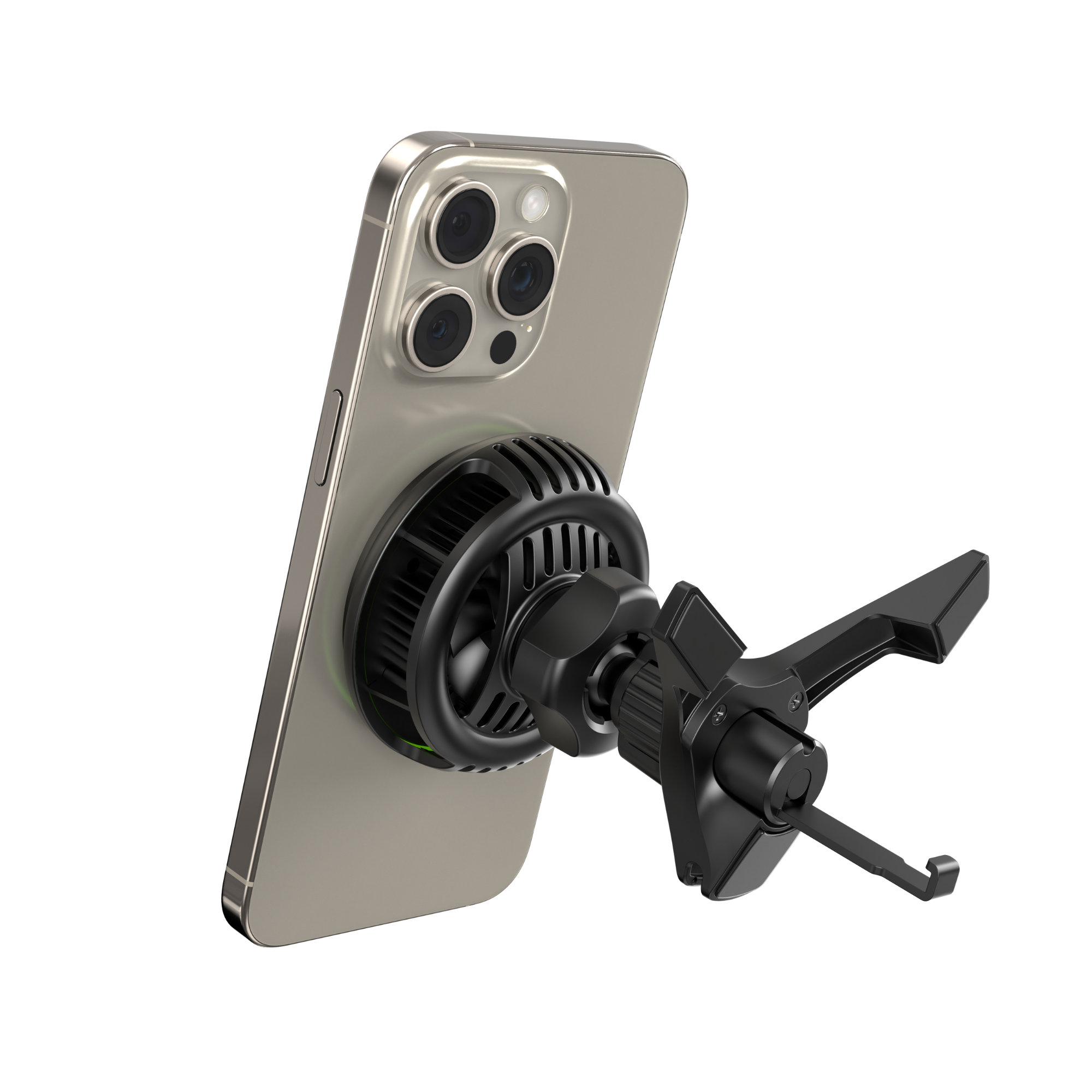 Telefon an einem schwarzen Autotelefonhalter befestigt. Das Telefon ist silber.