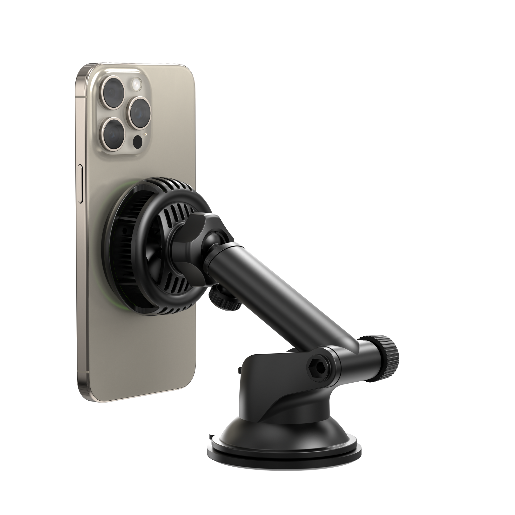 Ein Telefon auf einer Autohalterung mit Saugnapf. Das Telefon ist silberfarben und die Halterung schwarz.