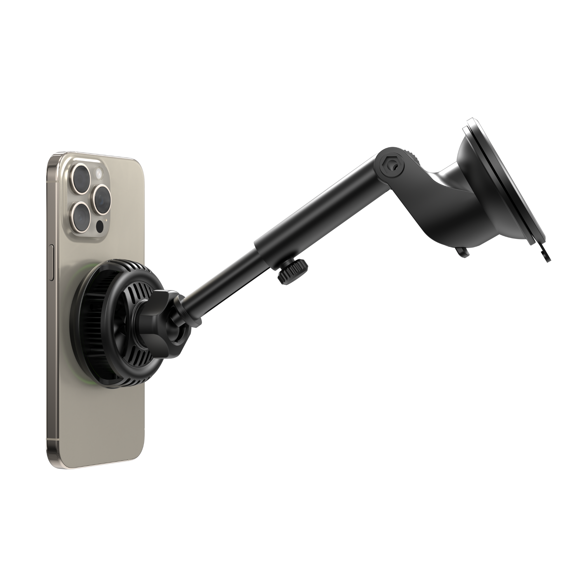 Eine schwarze Telefon-Autohalterung, die an einer Autoscheibe befestigt ist. Das Telefon ist silber.