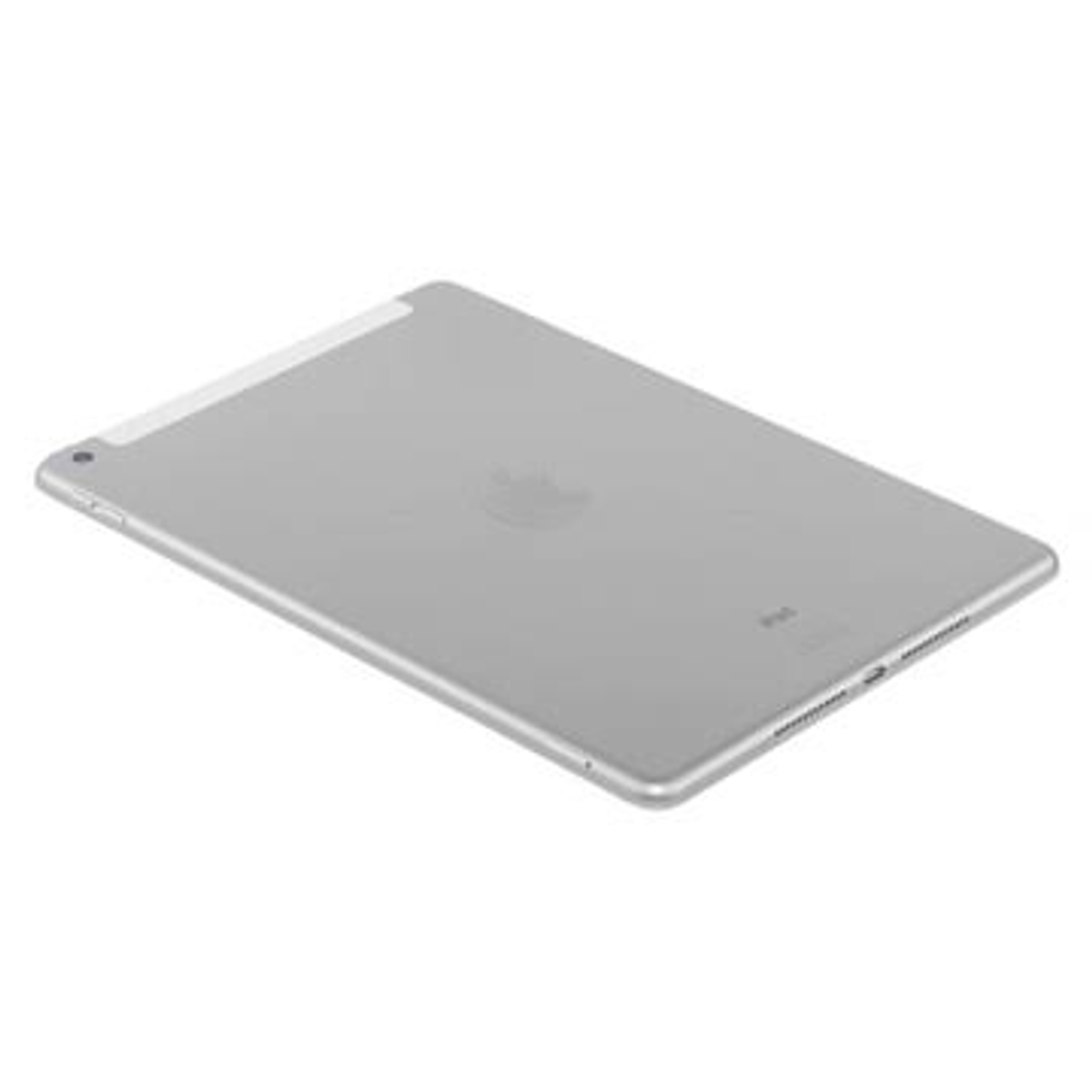 Srebrny iPad, widok z tyłu, na białej powierzchni. Logo Apple jest widoczne.