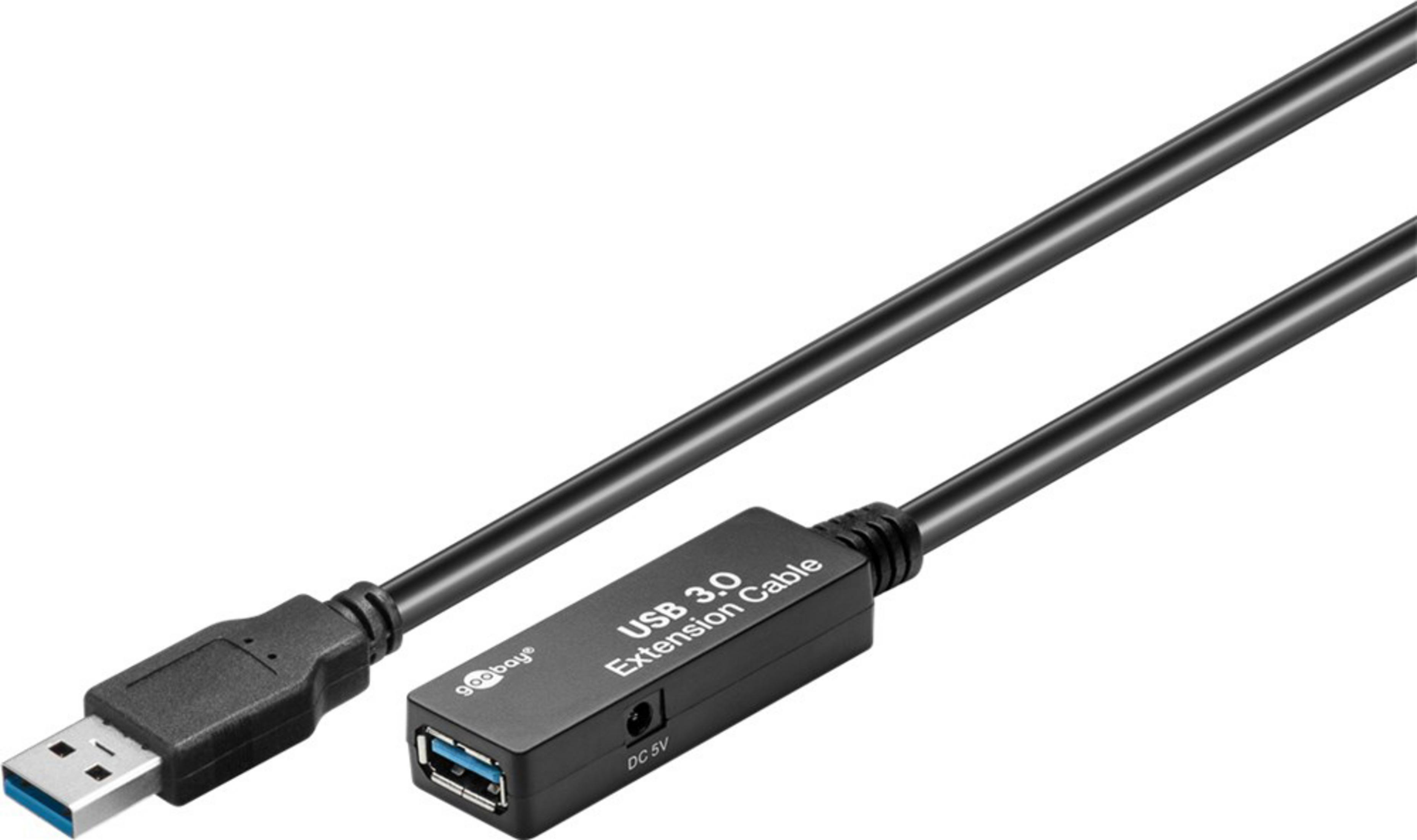 Ein schwarzes USB 3.0 Verlängerungskabel. Es hat einen USB-Anschluss und eine Buchse.