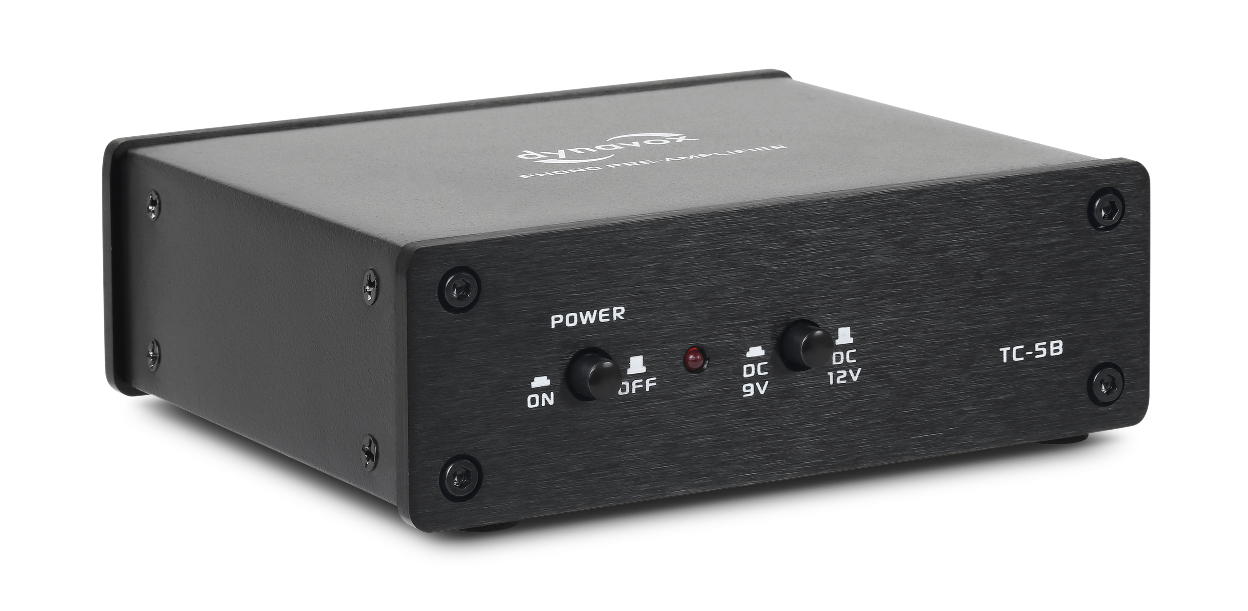 Schwarzer Phono-Vorverstärker. Front: Power-Taste, LED, DC-Eingänge. Oben: Dynavox-Logo.