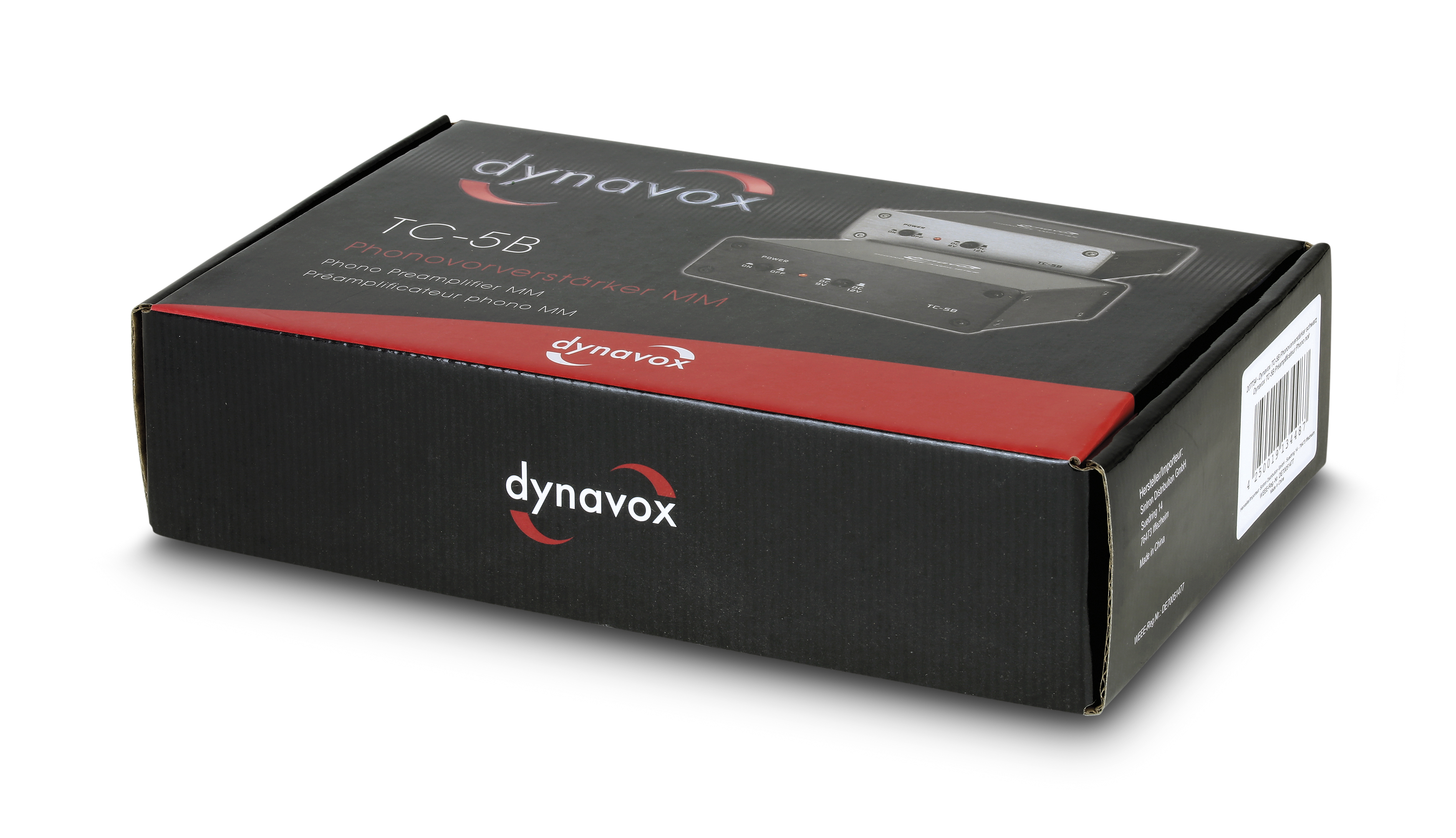Schwarze Box mit der Aufschrift 'dynavox TC-5B' für Phono-Vorverstärker. Das Produkt ist auf der Box.