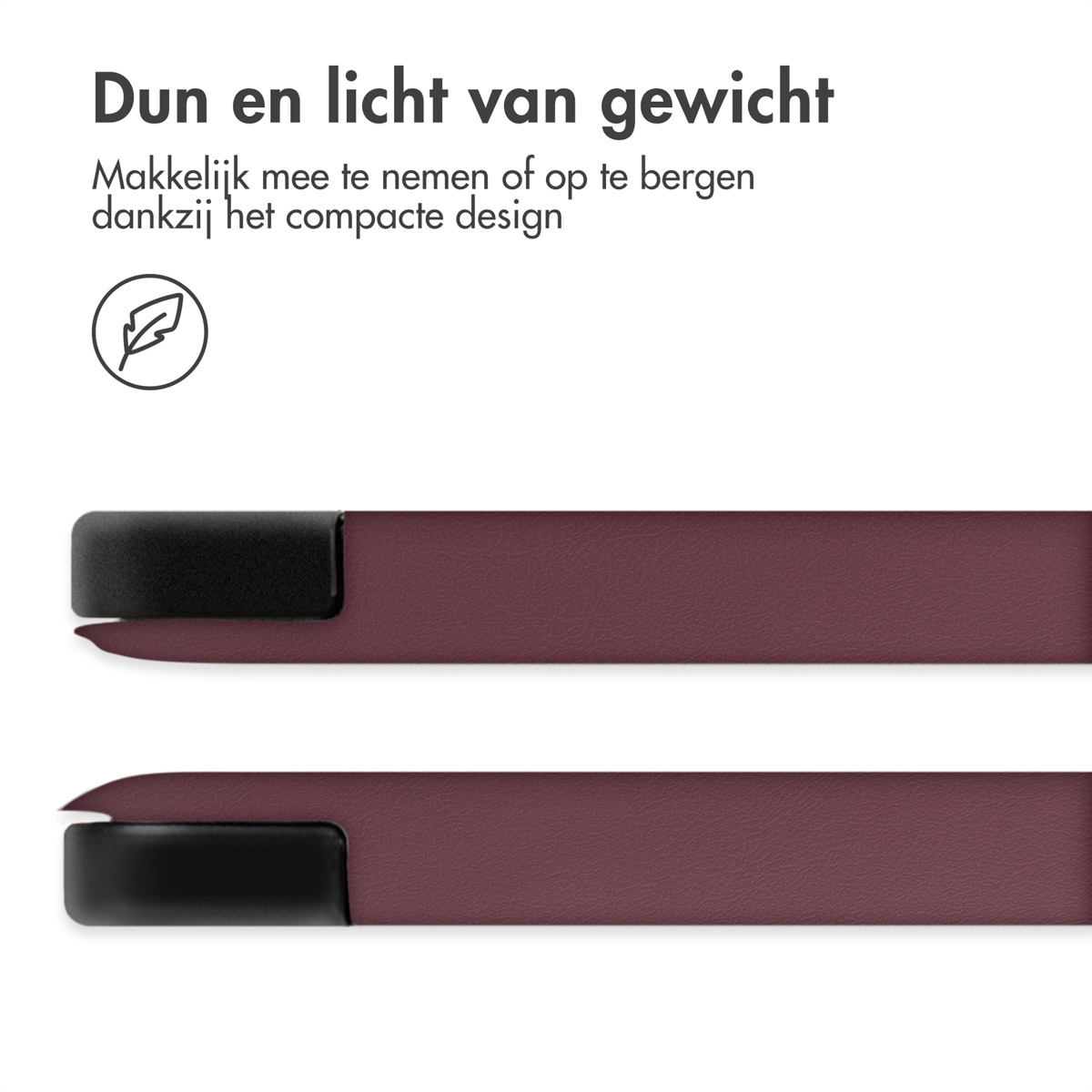 Twee stukken van een hoesje. De bovenkant is bordeauxrood, de onderkant is zwart. Het zwarte deel heeft een lichte rand.