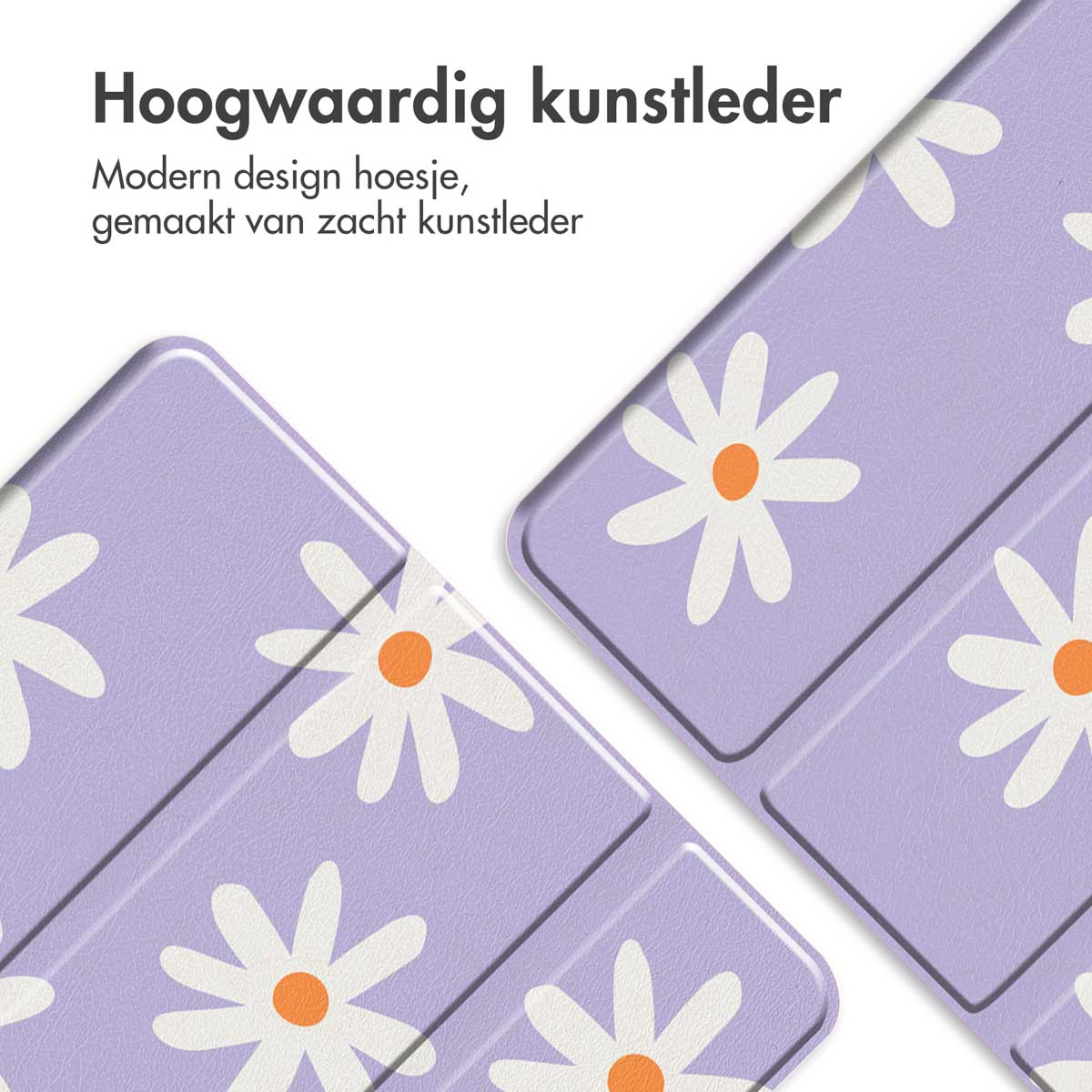 Close-up van tablet hoesjes met madeliefjes patroon in paars. Tekst: Hoogwaardig kunstleer.