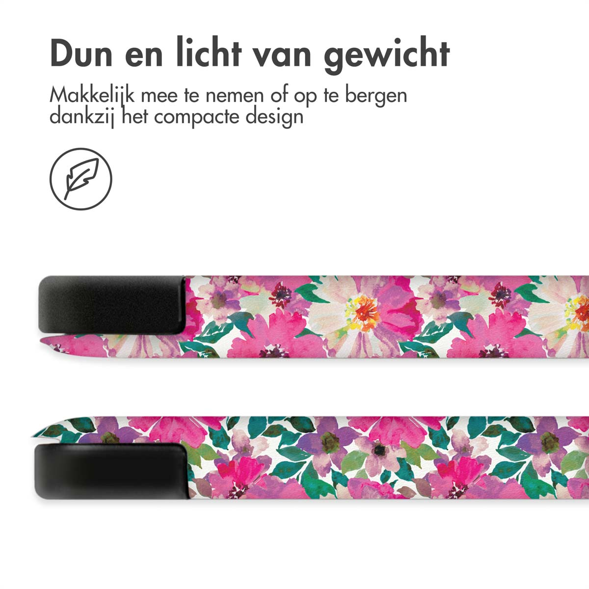 Two watch bands. Floral pattern, black ends. Text reads: Thin and light weight.