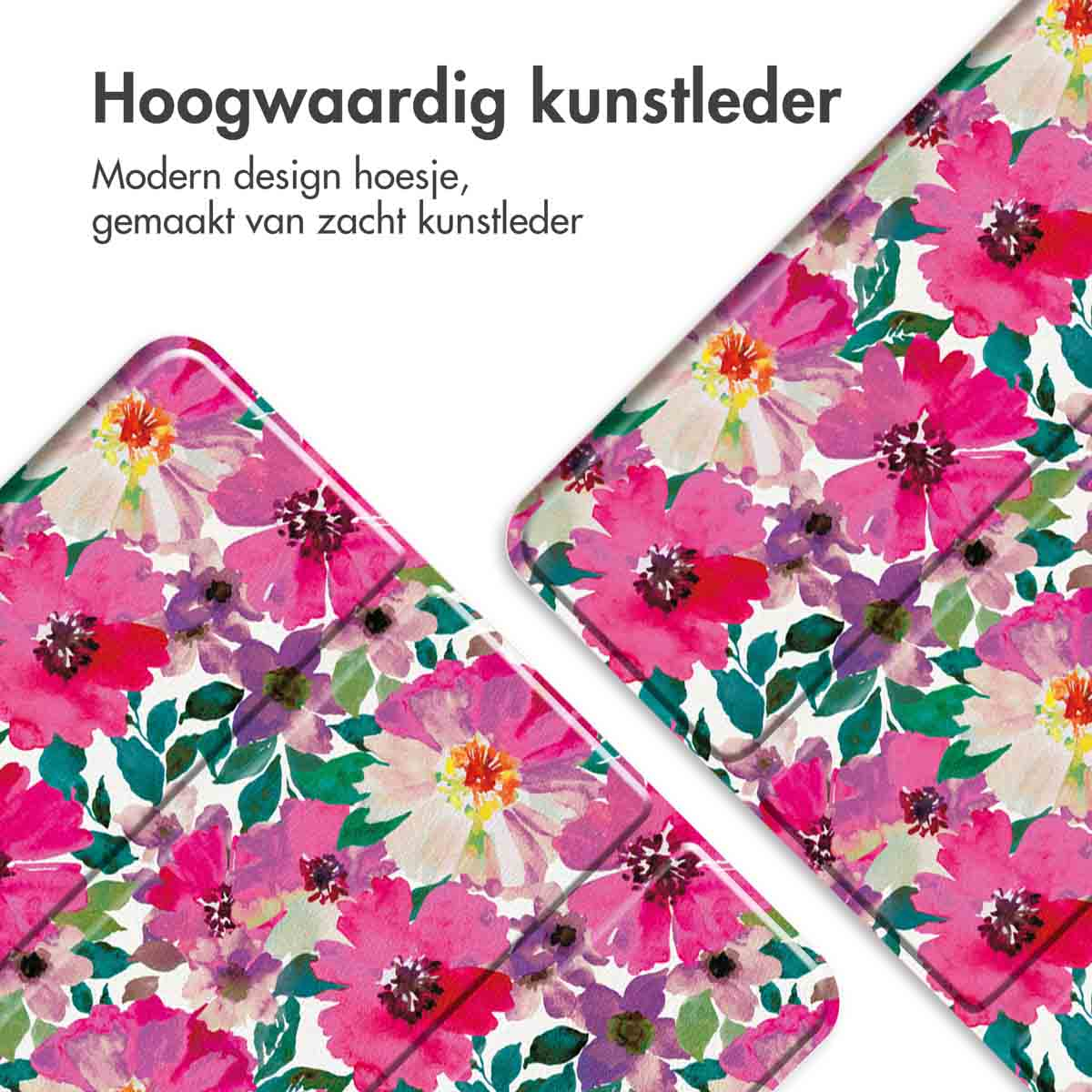 Pink floral pattern on a tablet case. High-quality faux leather. Modern design.