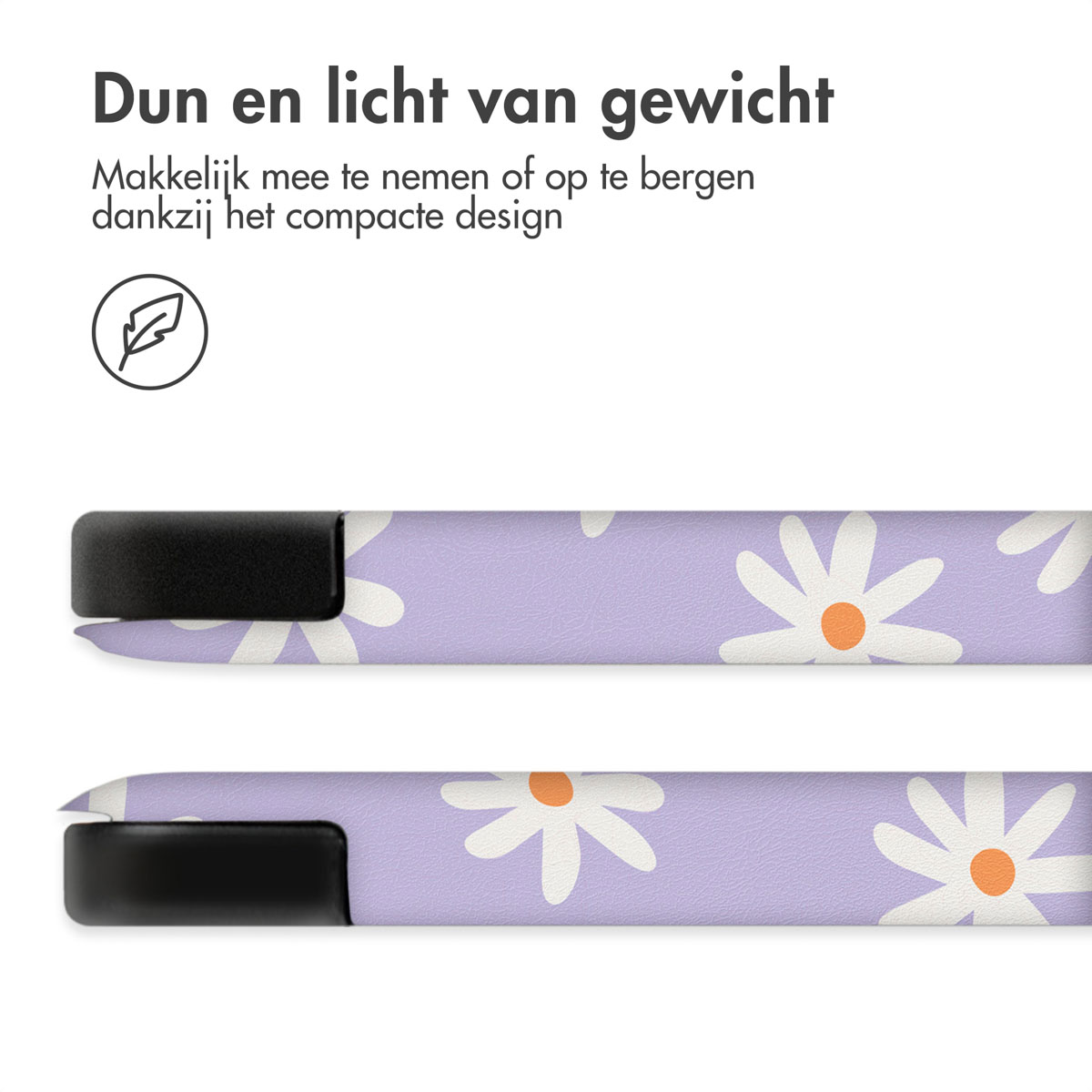 Twee telefoonhoesjes met madeliefjesdesign. Paarse achtergrond. Hoesjes zijn dun en lichtgewicht.