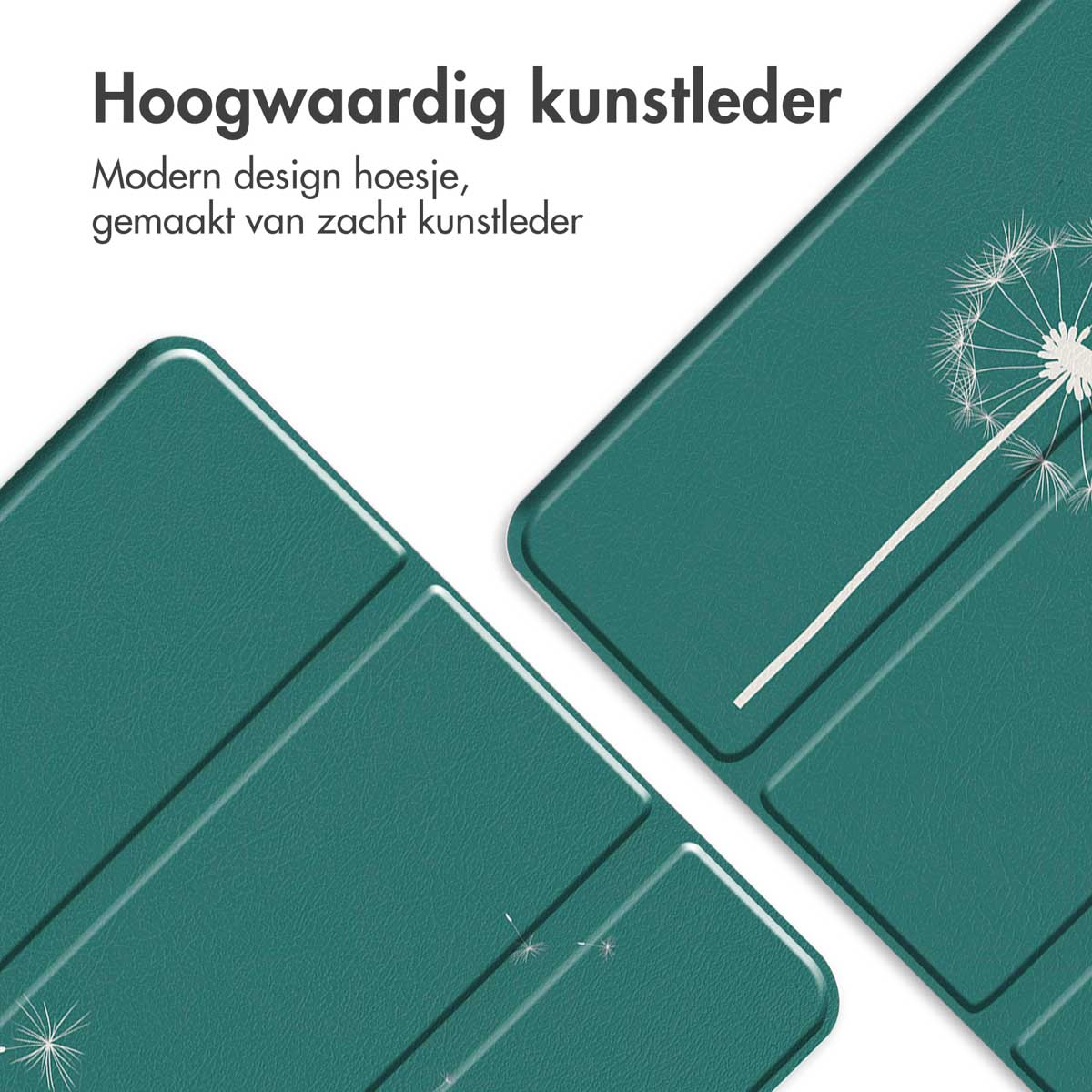 Close-up van teal telefoonhoesjes, één met een paardenbloem ontwerp.