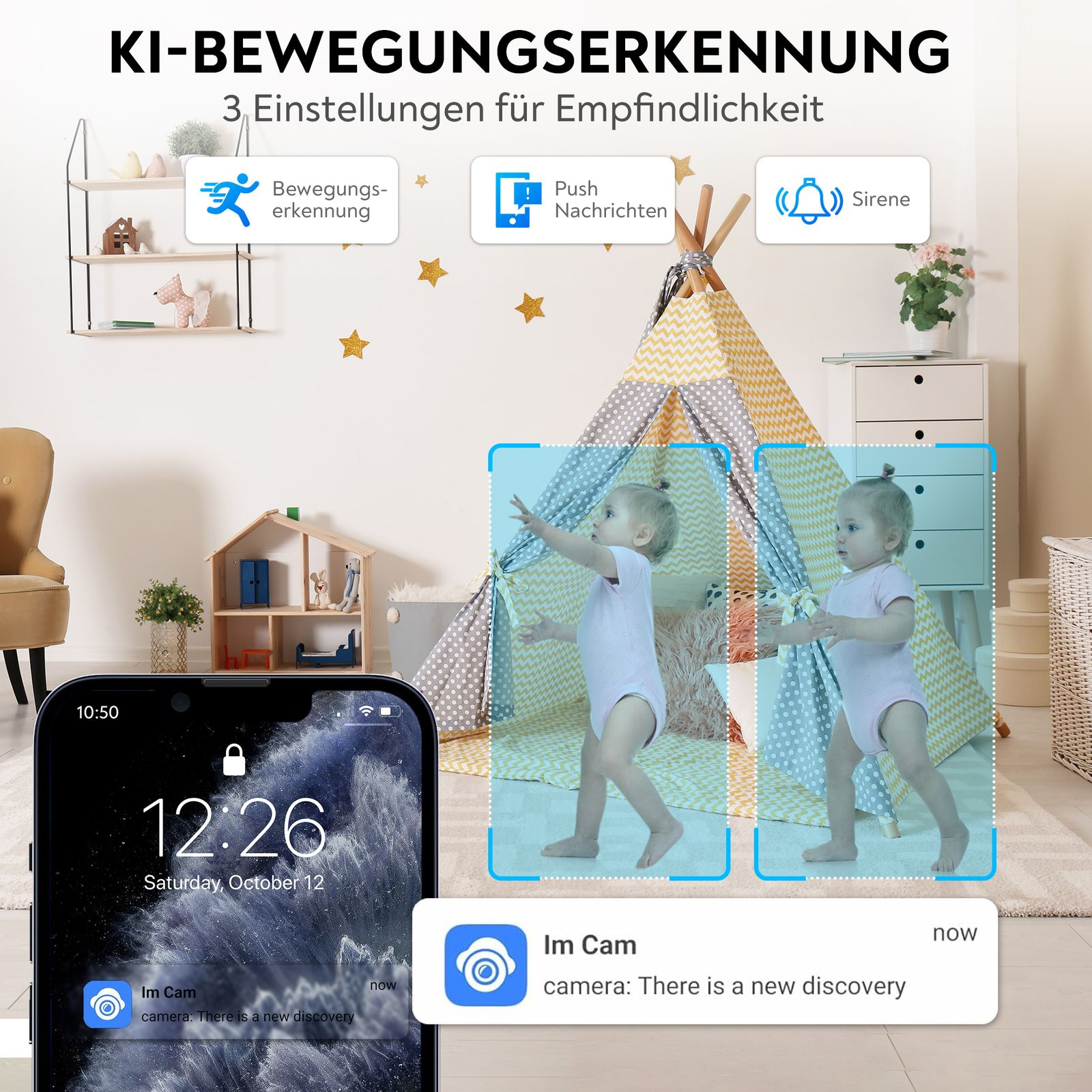 Ein Telefon, das ein Baby anzeigt, mit einer Kamera-App und Benachrichtigungen.