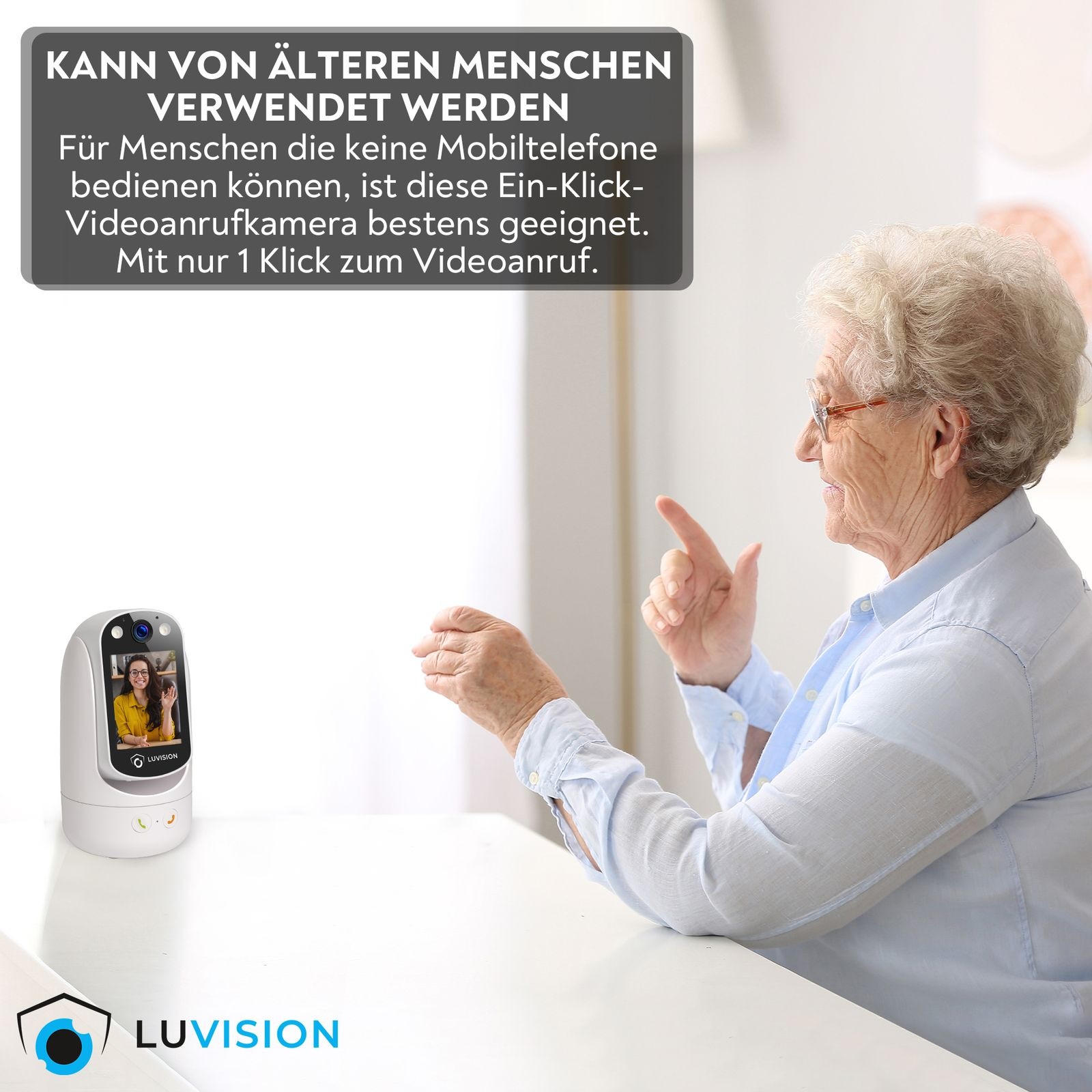 Eine ältere Frau telefoniert per Videoanruf über eine weiße Kamera. Der Text erwähnt ältere Menschen.